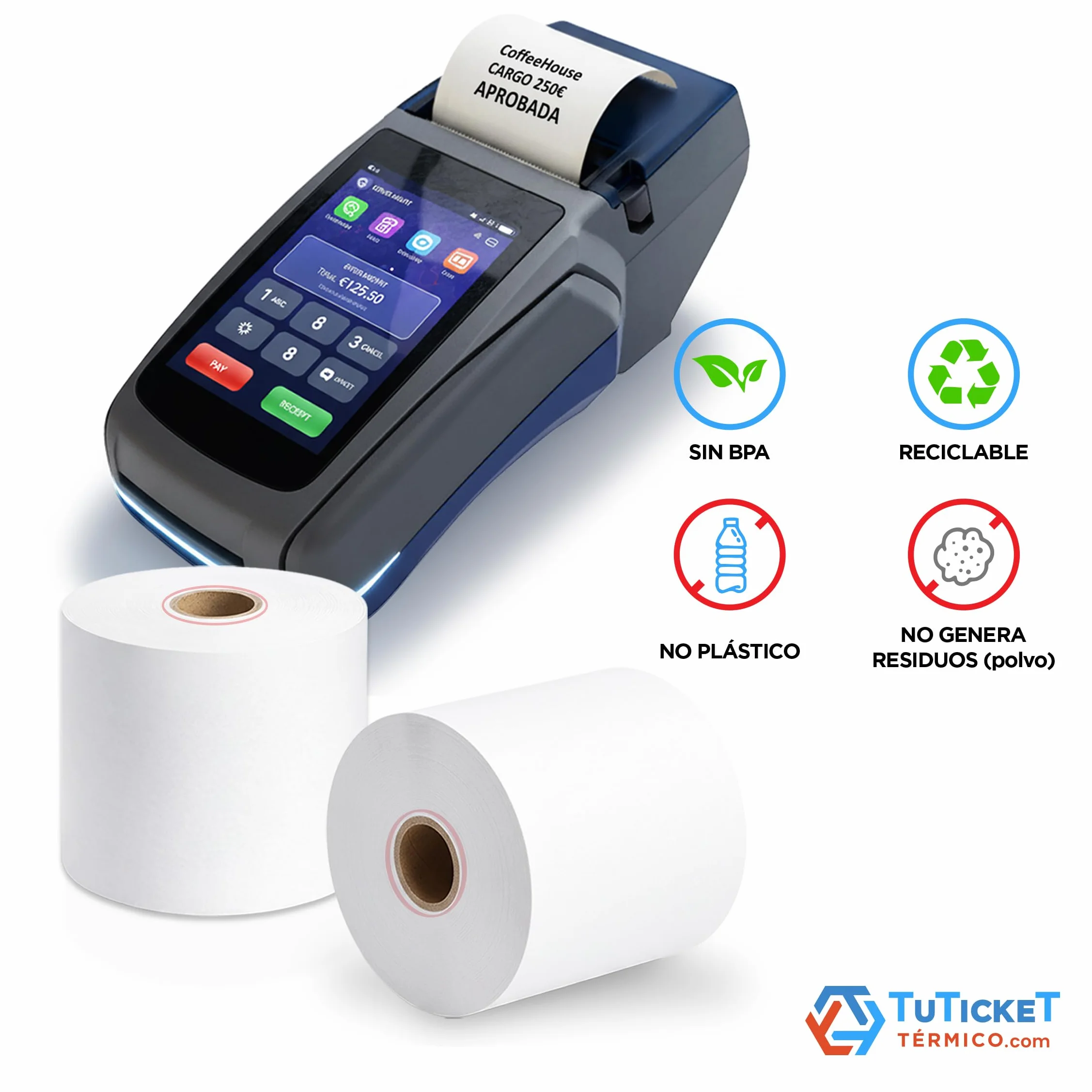 Rollo de Papel Térmico 57x55x12 mm (40 uds) para Caja Registradora, TPV e Impresora Térmica de Ticket con Salida de 57mm de Ancho. Sin Bisphenol A