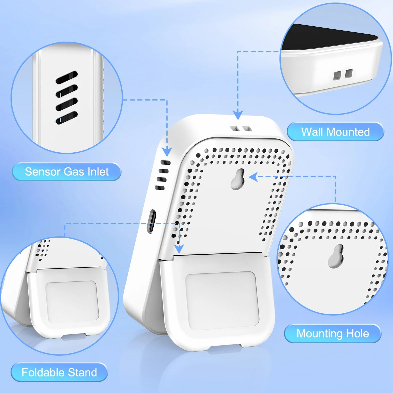 RealPlus Detector de Monóxido de Carbono Portátil 3-en-1 - Detector CO, Temperatura y Humedad con Alarma de 85 dB, Recargable, con Soporte y Agujero de Fijación para Viajes, Camping, Hotel y Casa