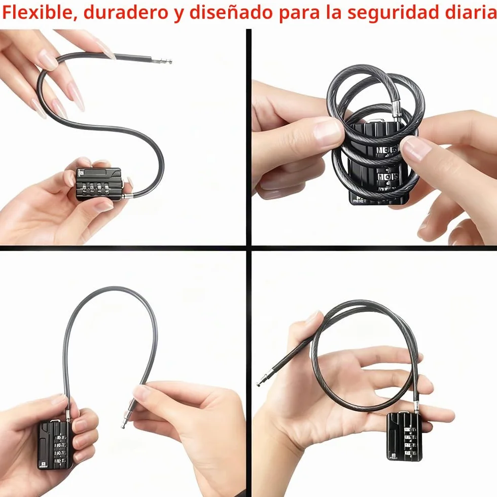 RESET-204 candado de cable flexible de 30 cm con combinación de 4 dígitos, candado largo para cubo de basura, taquilla, equipaje, maleta, casco y armero, diámetro 5 mm, negro, 2 unidad