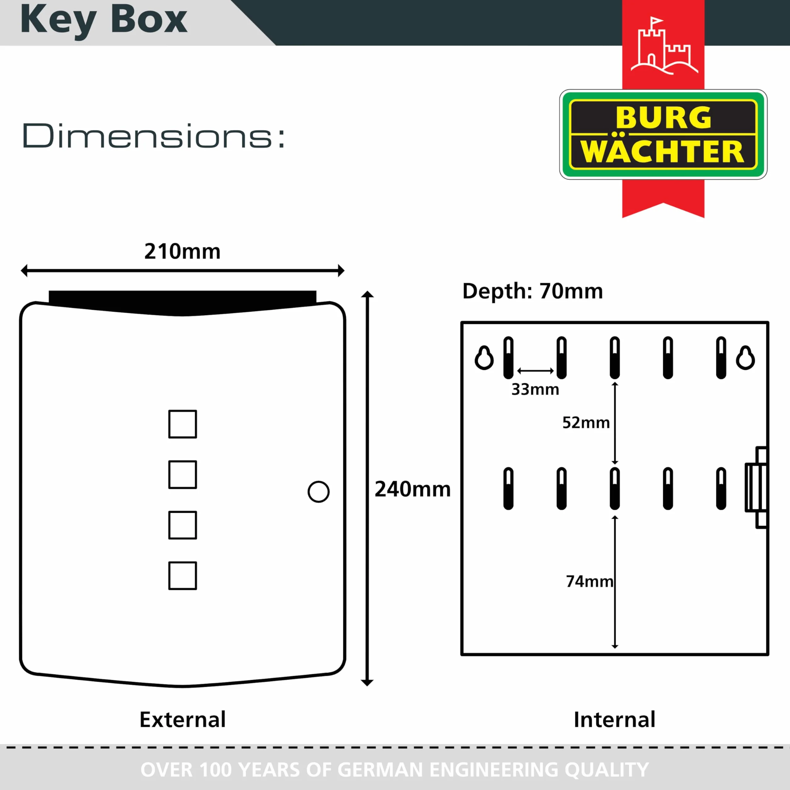 BURG-WÄCHTER Armario para llaves con 10 ganchos y cierre magnético, Caja para llaves Quad 6204/10 Ni, Acero inoxidable/chapa de acero, Plateado/negro