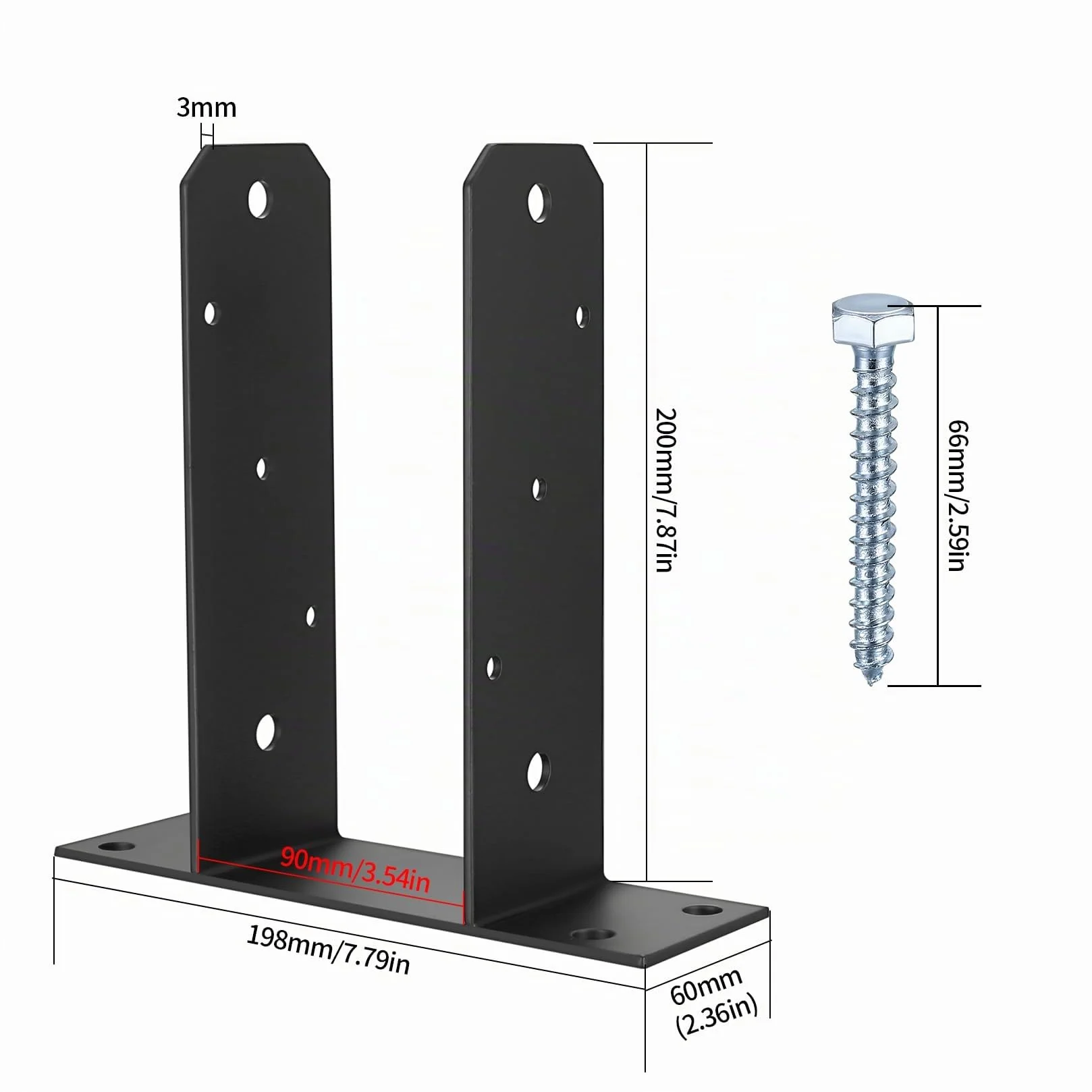 Soporte para Postes en U 90x90mm, Anclaje para Postes de Madera, Base Atornillable para Hormigón