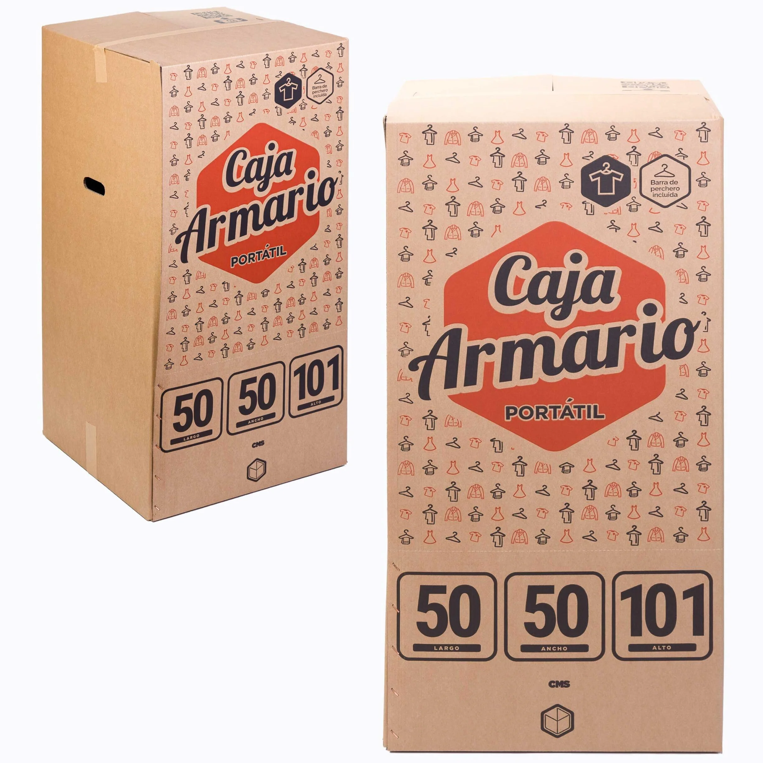 TELECAJAS | Caja Armario Portátil 50x50x101 cm de Cartón Doble | Ideal para mudanzas, trasteros o Viajes | Fácil Montaje con Barras Perchero y Cinta Adhesiva de Regalo Incluidas | Pack de 2 Armarios