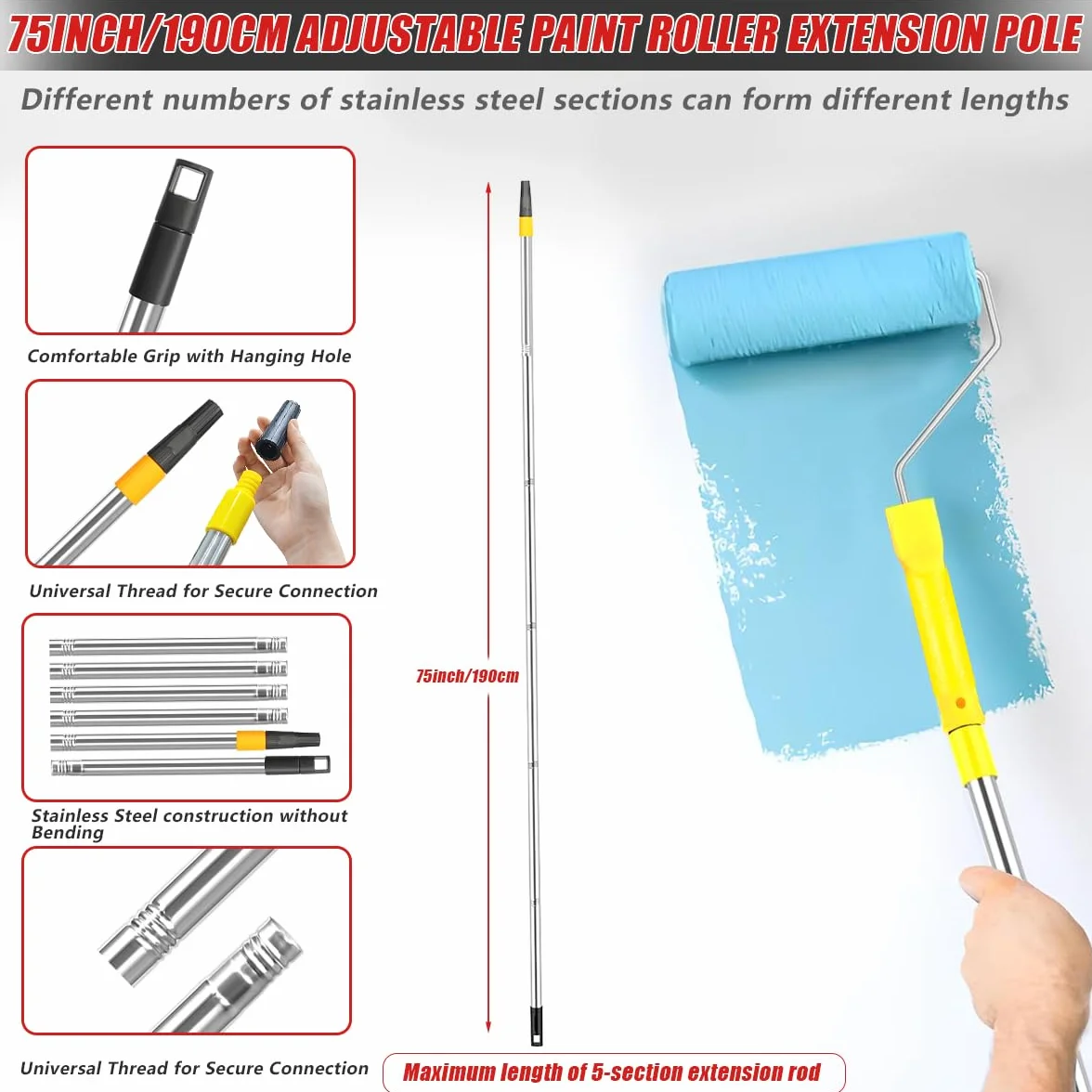Kit Completo de Rodillos de Pintura 11 Piezas, Barra Extensible de 1,9m, Bandejas para Pintura, Extensor Multiangular para Paredes, Bordes y Techos