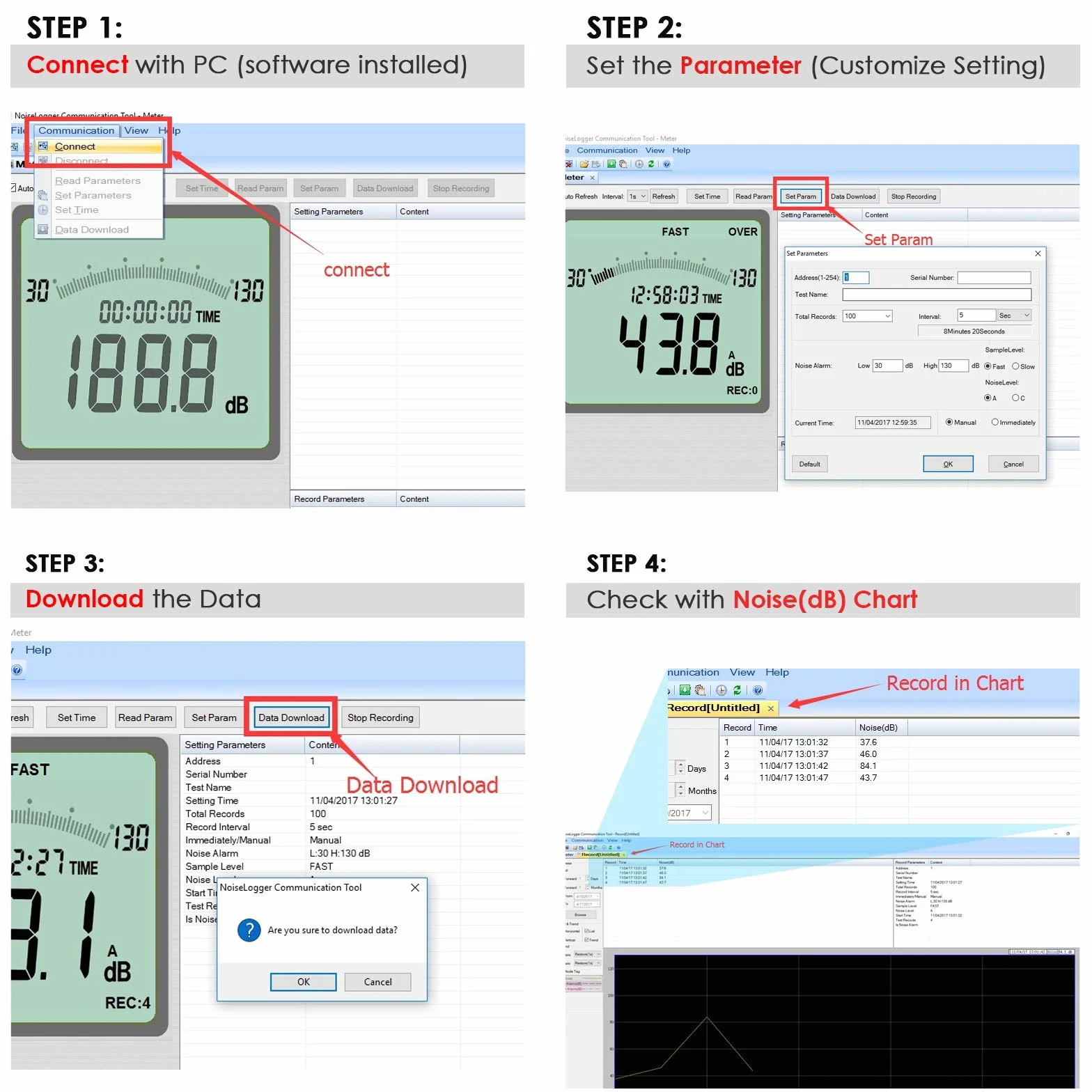 Instrumento Compacto Profesional Digital Sonido Nivel Metro Decibel con Retroiluminado Monitor Alto Exactitud Medición 30dB-130dB con Datos Grabar Función