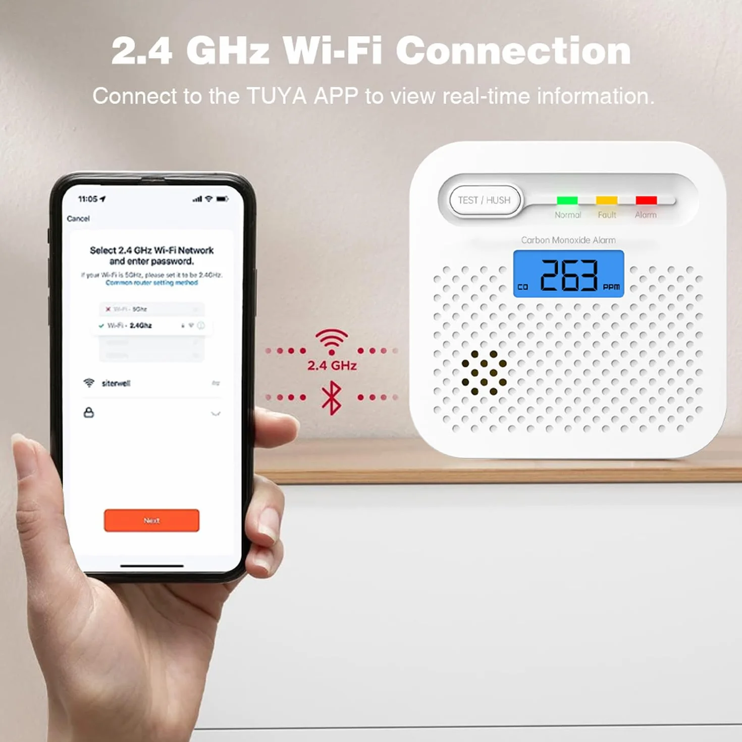 Detector de Monóxido de Carbono Inteligente WiFi 10 Anos de bateria,notificaciones Push en Tiempo Real a través de la aplicación de Seguridad Tuya y SmartLife, Pantalla LCD Digital, para el hogar