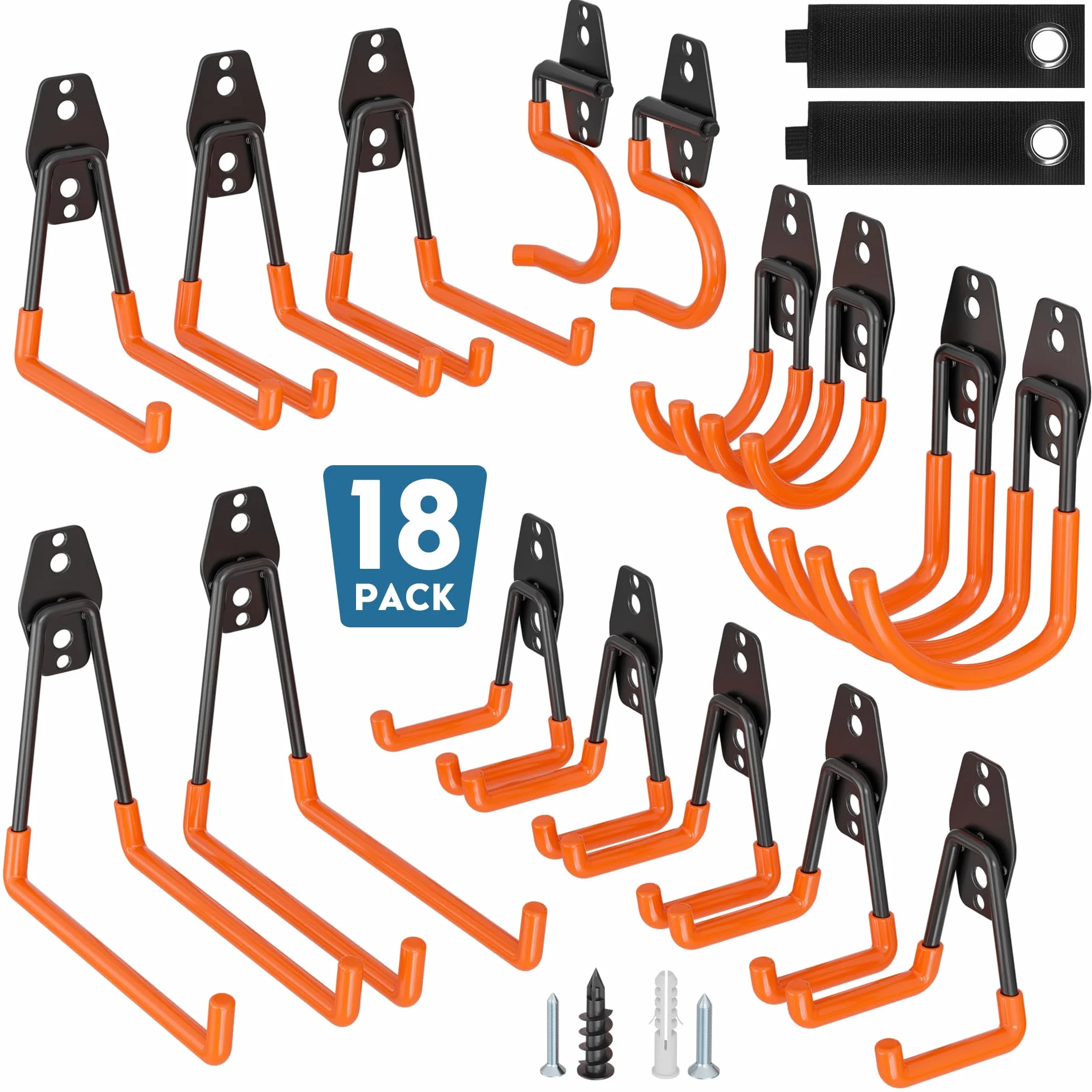 BONTEC Ganchos De Garaje Pesados, Set 18 Ganchos Antideslizantes, Acero Reforzado, Carga 502 KG, U y S Soporte Bicicleta, Organizador Herramientas, Colgador Pared Multiusos, Naranja
