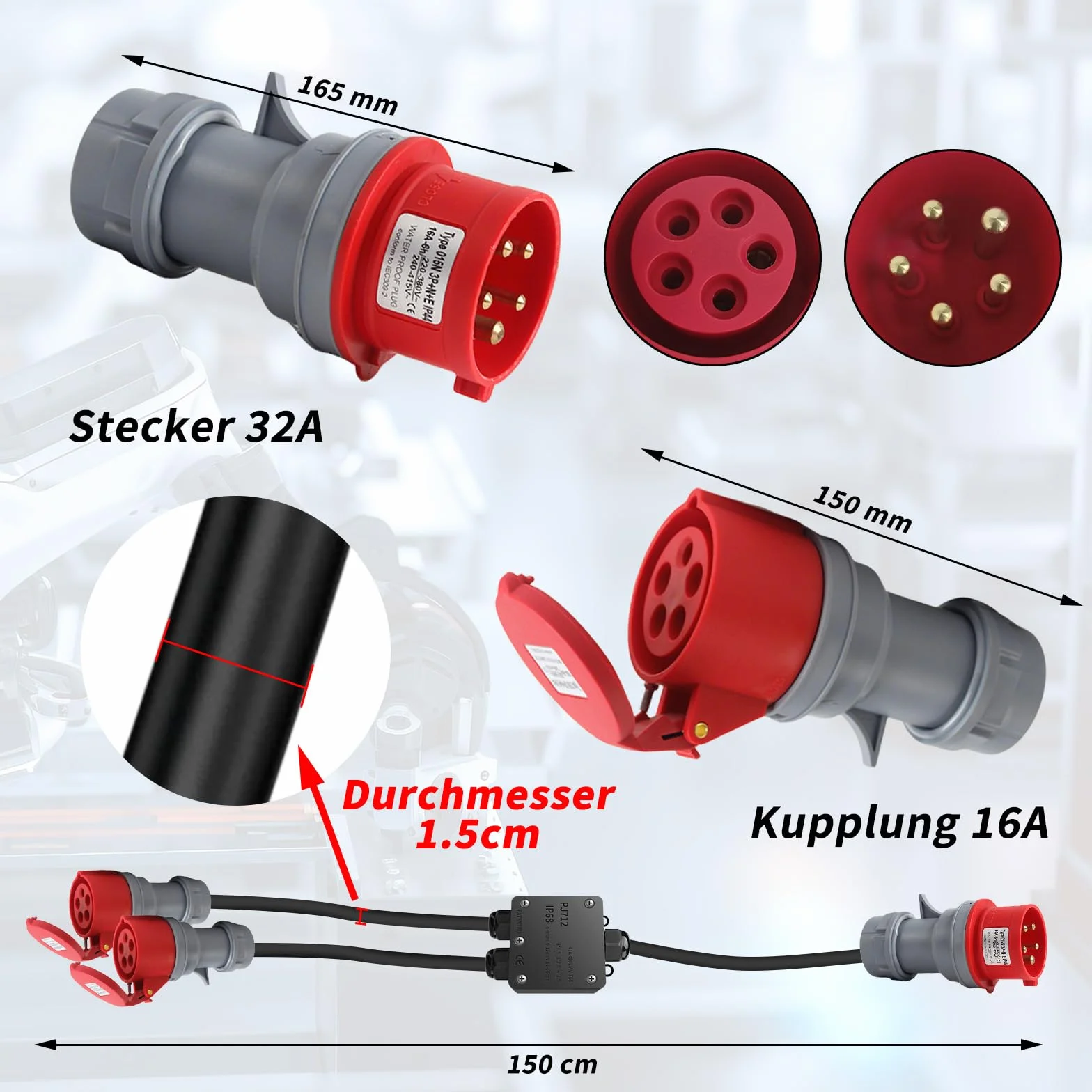 Adaptador CEE de alta tensión de 32 A a 16 A, 2 enchufes CEE de 230 V, 16 A y 5 polos, cable alargador IP44-68, distribuidor alta tensión para camping, exteriores, industria, obras y talleres - 1,5 m