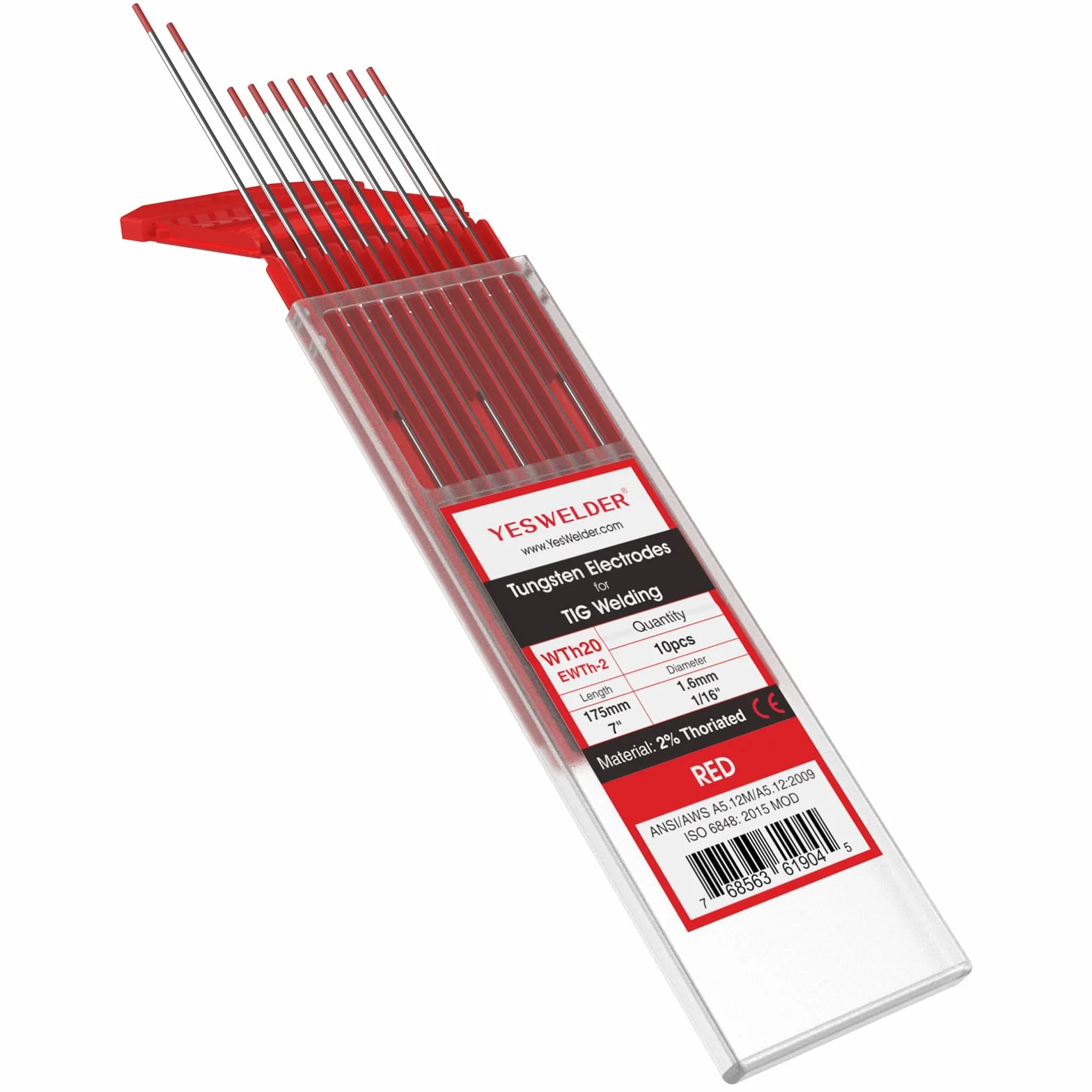 YESWELDER TIG Electrodo de Tungsteno 2% Toriado 1,6mm x 175mm (Rojo, WT20/EWTh-2) 10-pk