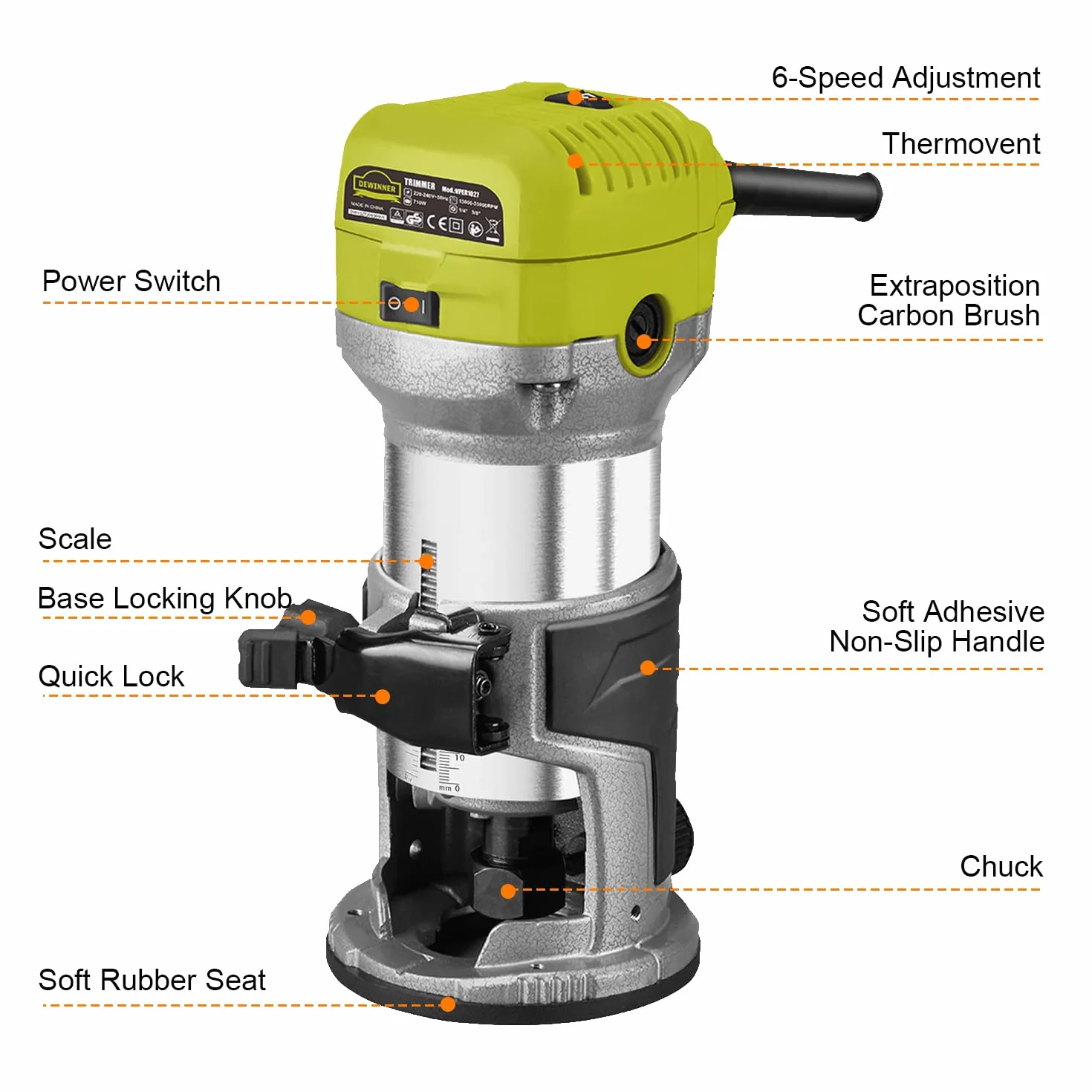 Fresadora de Madera Rebajadora Eléctrica, DEWINNER Desmoladora Eléctrica compacta 220 V, 710 W, 3 Bases Incluidas, 3 Pinzas de 1/4 Pulgadas, 6 mm y 8 mm, 5 Fresas de Carburo