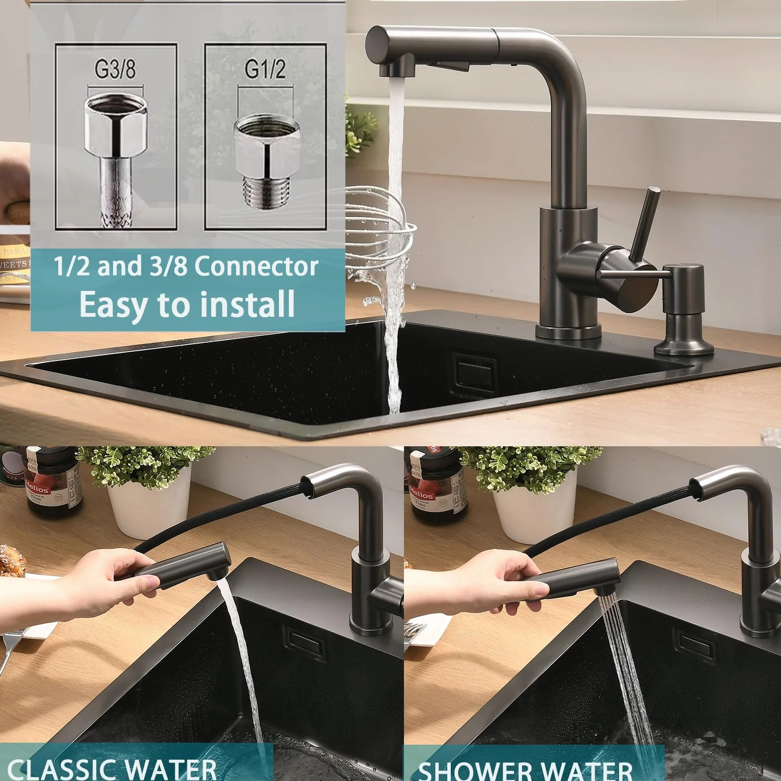 Fregadero de acero inoxidable 40 x 45 cm antracita + grifo de cocina extensible, juego completo de fregadero de cocina BoomHoze cuadrado empotrable pequeño para armario bajo de 40 cm