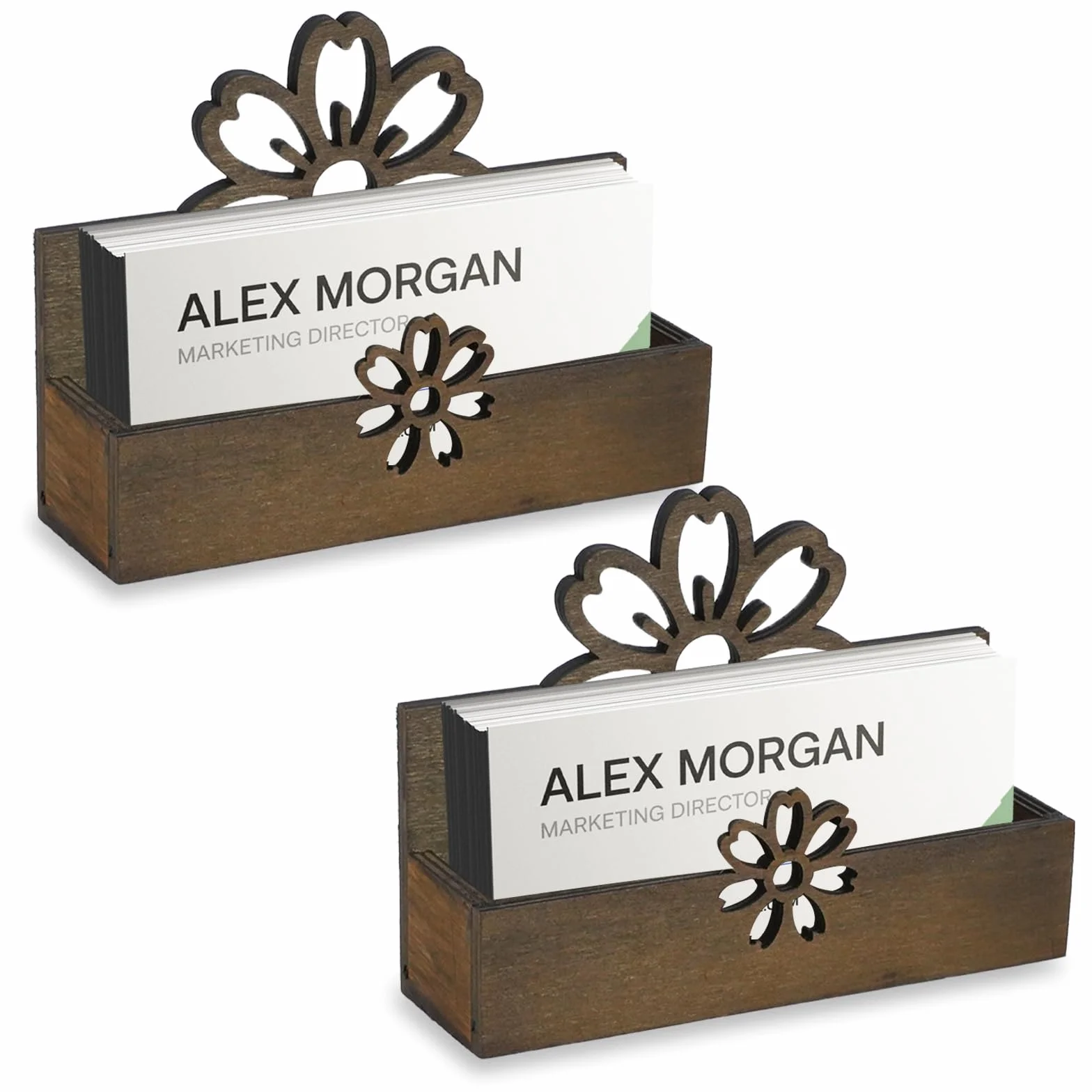 2 soportes para tarjetas de visita con flores para escritorio, soporte de madera para tarjetas de visita, soporte de madera para tarjetas de nombre, organizador de tarjetas de escritorio