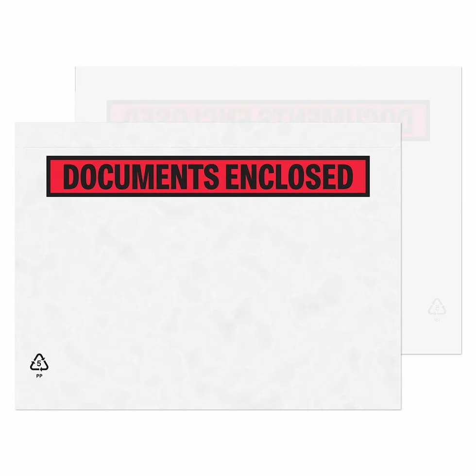 Sobres portadocumentos adhesivos A5 235 x 175 mm plástico 1000 unidades "Documents Enclosed"
