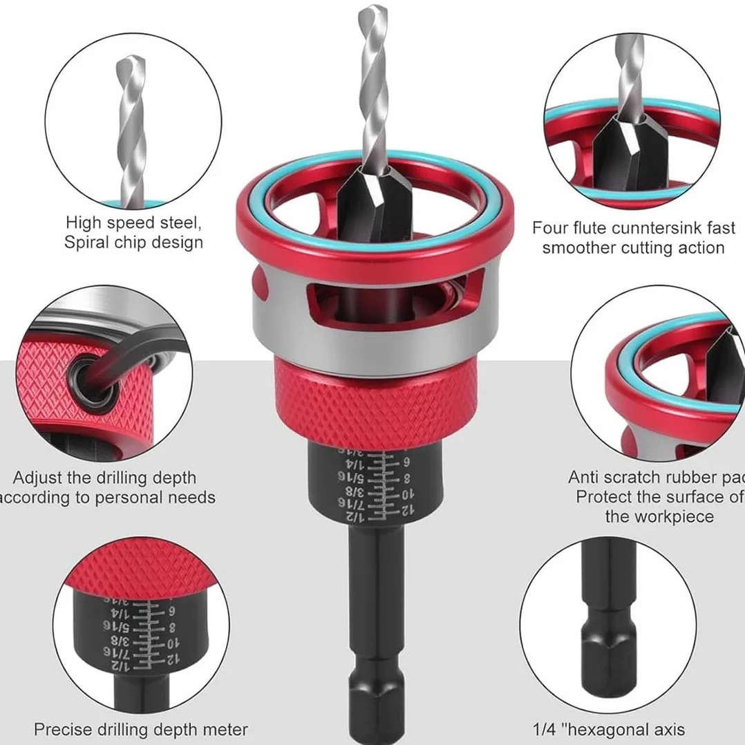 Avellanador de dos filos con tope de profundidad ajustable, juego de 4 brocas cónicas de cuatro filos, juego de brocas avellanadoras para carpintería, ebanistería (Red)