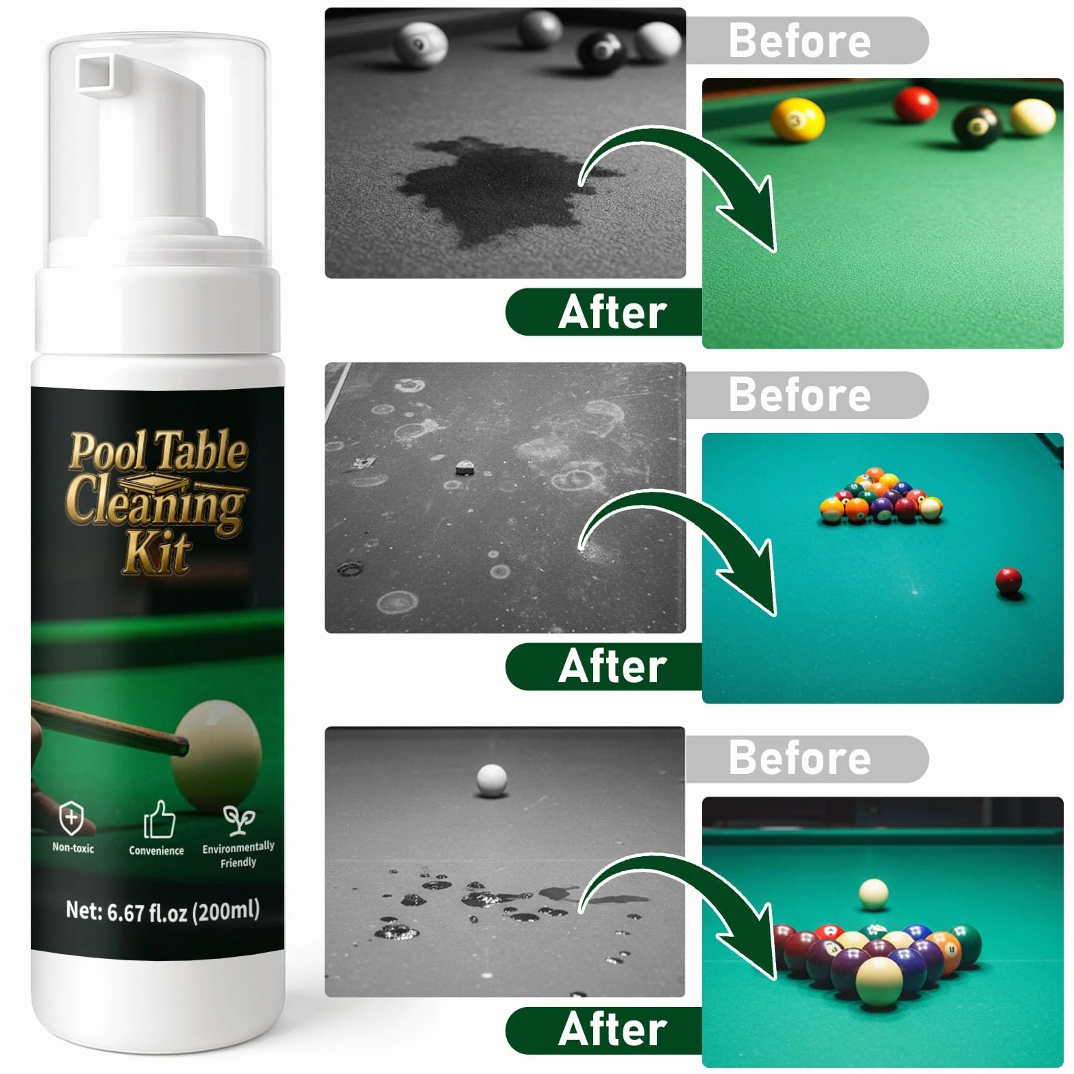 Juego de limpiador de mesas de billar de 200 ml, accesorios de limpieza de fieltro de billar con 2 cepillos de mesa de billar, 1 esponja de alambre de acero, 1 paño
