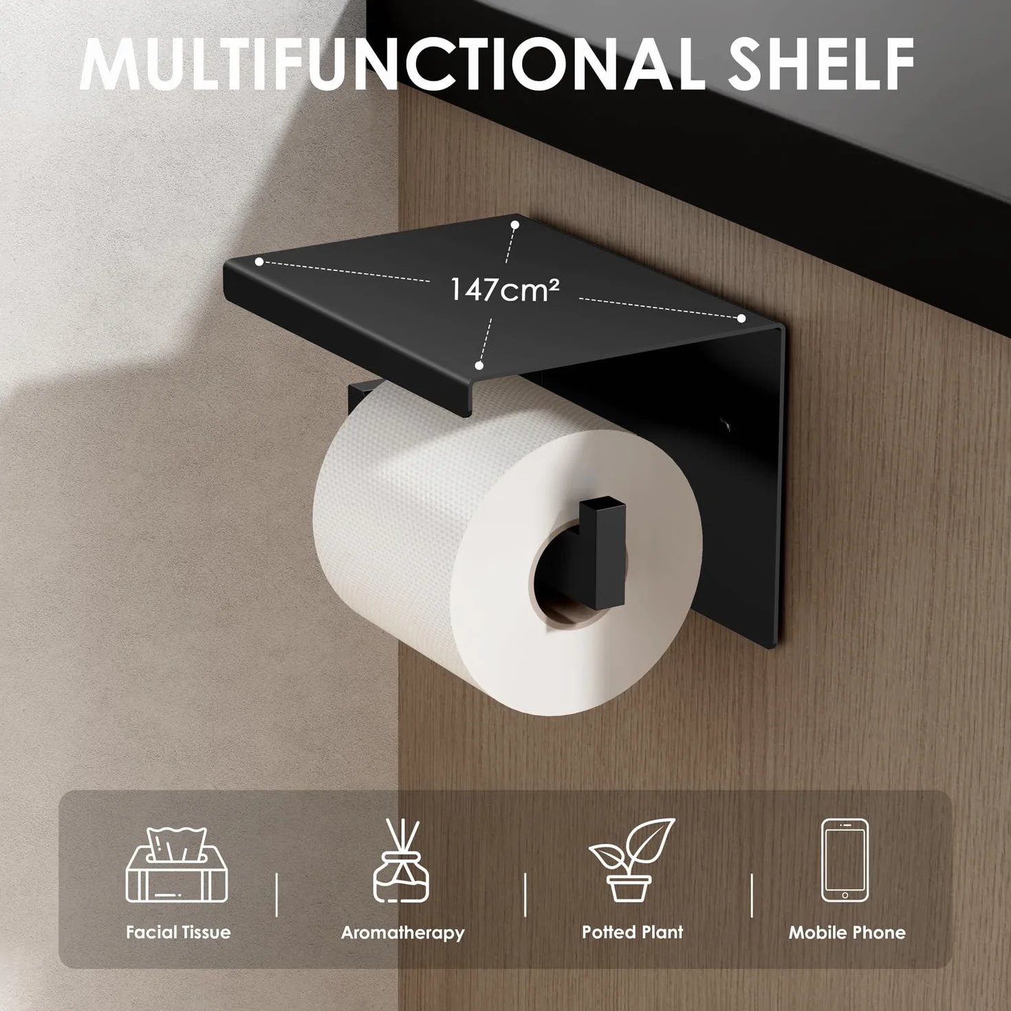 Auxmir Portarrollos Papel Higienico, Portarrollos Baño Adhesivo, Acero Inoxidable, Porta Rollos de Papel Higienico con Estante de Almacenamiento, Soporte Papel Higienico para Cocina, Baño, Negro