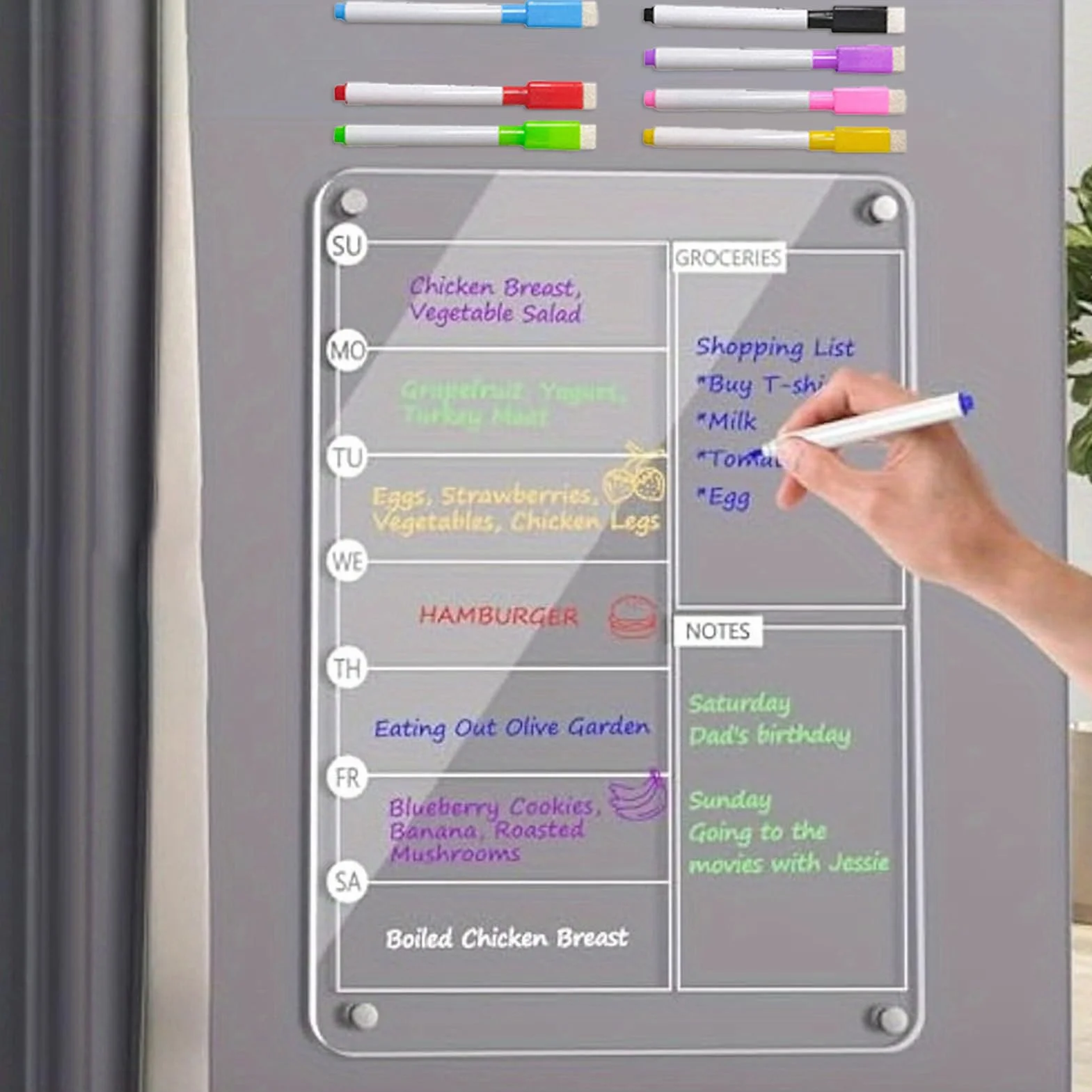 Acrylic Meal Planner, Magnetic Whiteboard Weekly Planner with 8 Markers, Erasable Note Board for Shopping List, Chore Chart