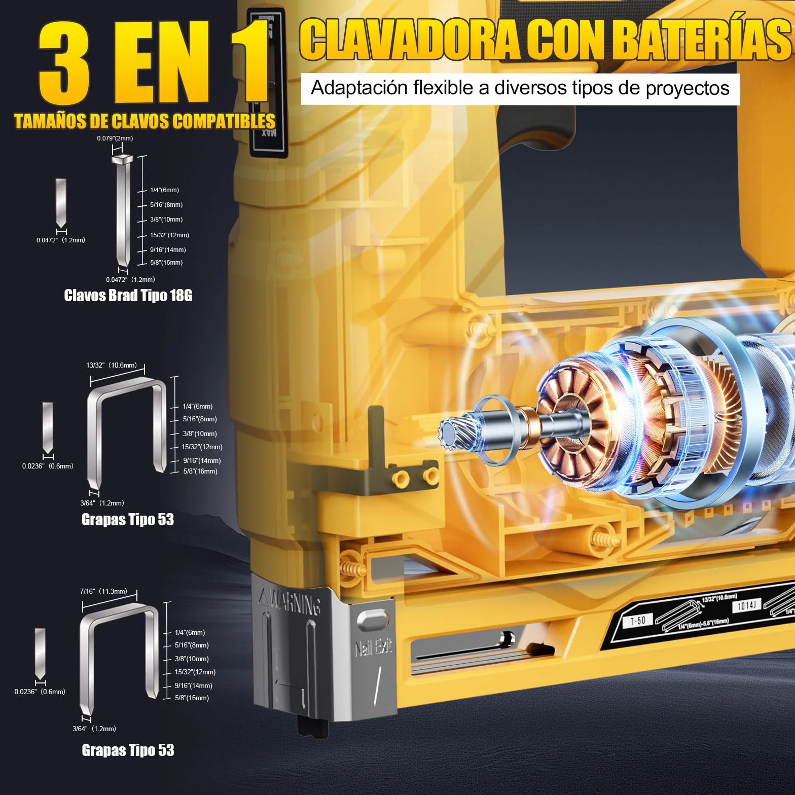 3-In-1 Clavadora Electrica de Clavos - Pistola de Clavos Bateria 21V con 2 x 2.0Ah Baterías, con 1000 Clavos Rectos 18GA, 1000 Grapas en U Tipo 140 y 1000 Grapas en U Tipo 53 para Carpintería