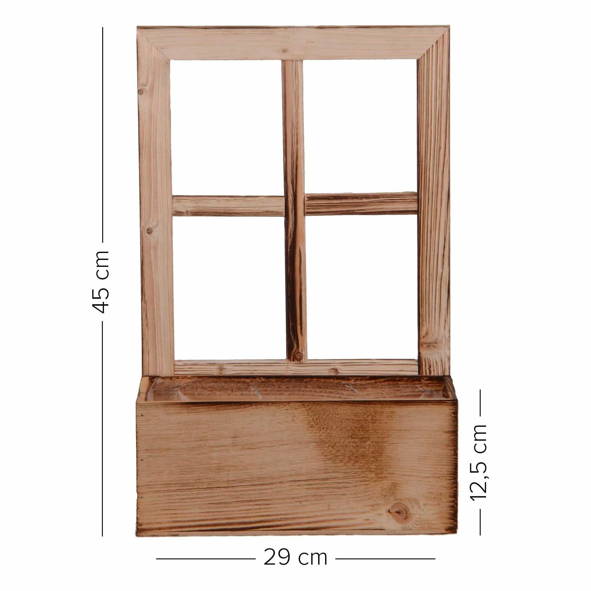 UNUS Ventana de madera con banco de plantas, decoración de madera envejecida flameada, 2 unidades