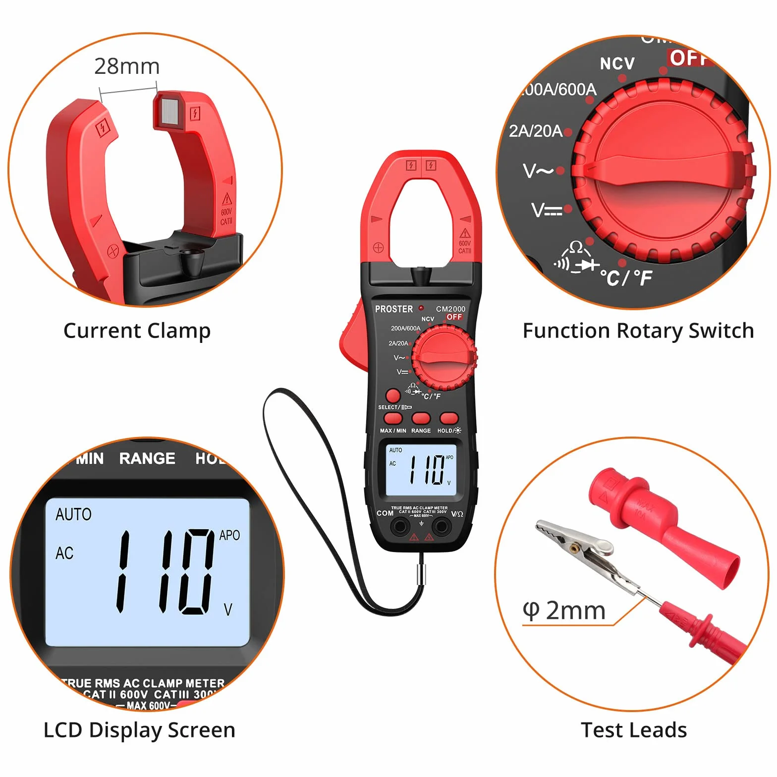 Proster Pinza Amperimétrica 2000 Cuentas 600A TRMS NCV Multímetro Digital Rango Automático con Pantalla Retroiluminada para Voltaje AC DC Corriente AC Diodo Resistencia Continuidad Temperatura