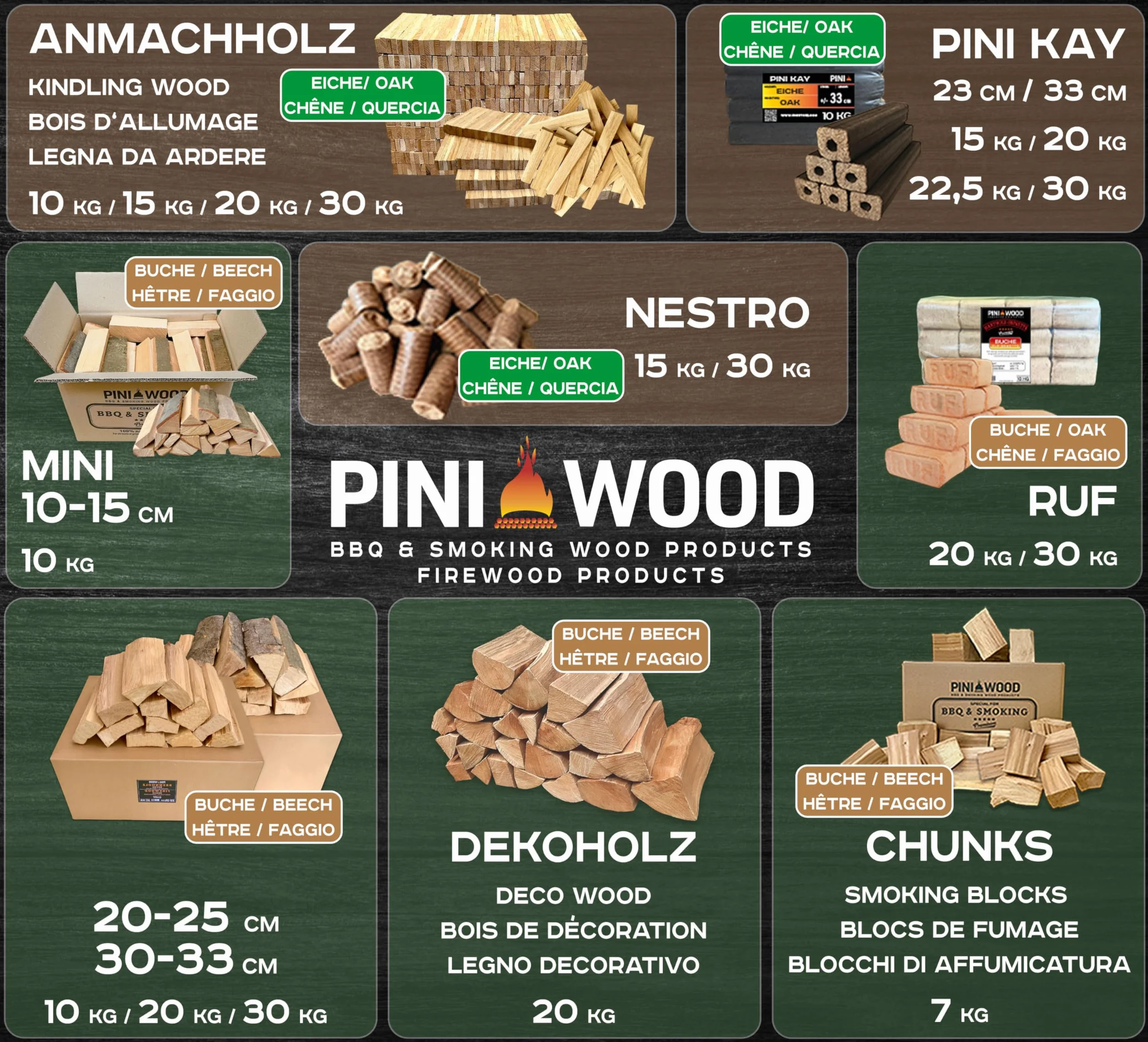 PINI Briquetas de madera dura, 100% roble, 30 kg, chimenea, estufa, leña, barbacoa, briquetas de roble con larga duración de combustión