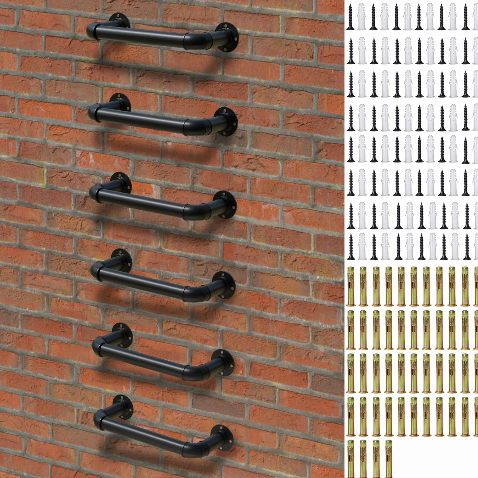 Escalera montada en la pared, 1 peldaño de acero, paquete de 6 para escape de emergencia y acceso a buhardilla, capacidad de 318 kg, acabado negro para todo tipo de clima, con pernos de expansión para
