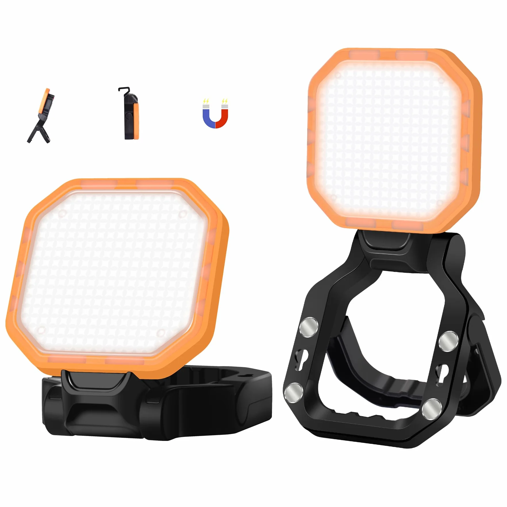 Foco LED Recargable (2pcs), 2500LM, 6000mAh, Base Magnética | 30W, 4 Modos, Rotación de 360°, Salida USB, Luz Roja, Ligero & Portátil para Camping, Construcción, Emergencia, Garaje