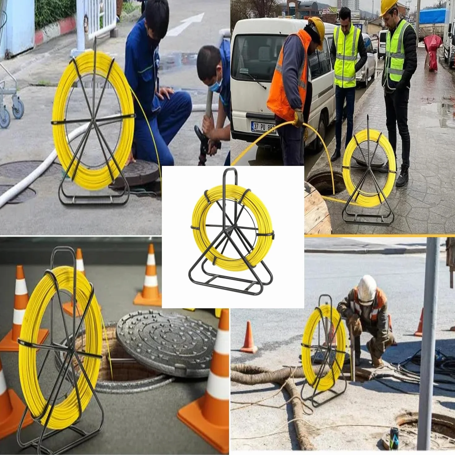 Guía de Fibra de Vidrio Fish Tape Cable de fibra de vidrio Cable Eléctrico de Fibra de Vidrio100m Ø6mm Conducto Cable Rodder Fibra de Vidrio Cable Rod Extractor con Jaula y Soporte