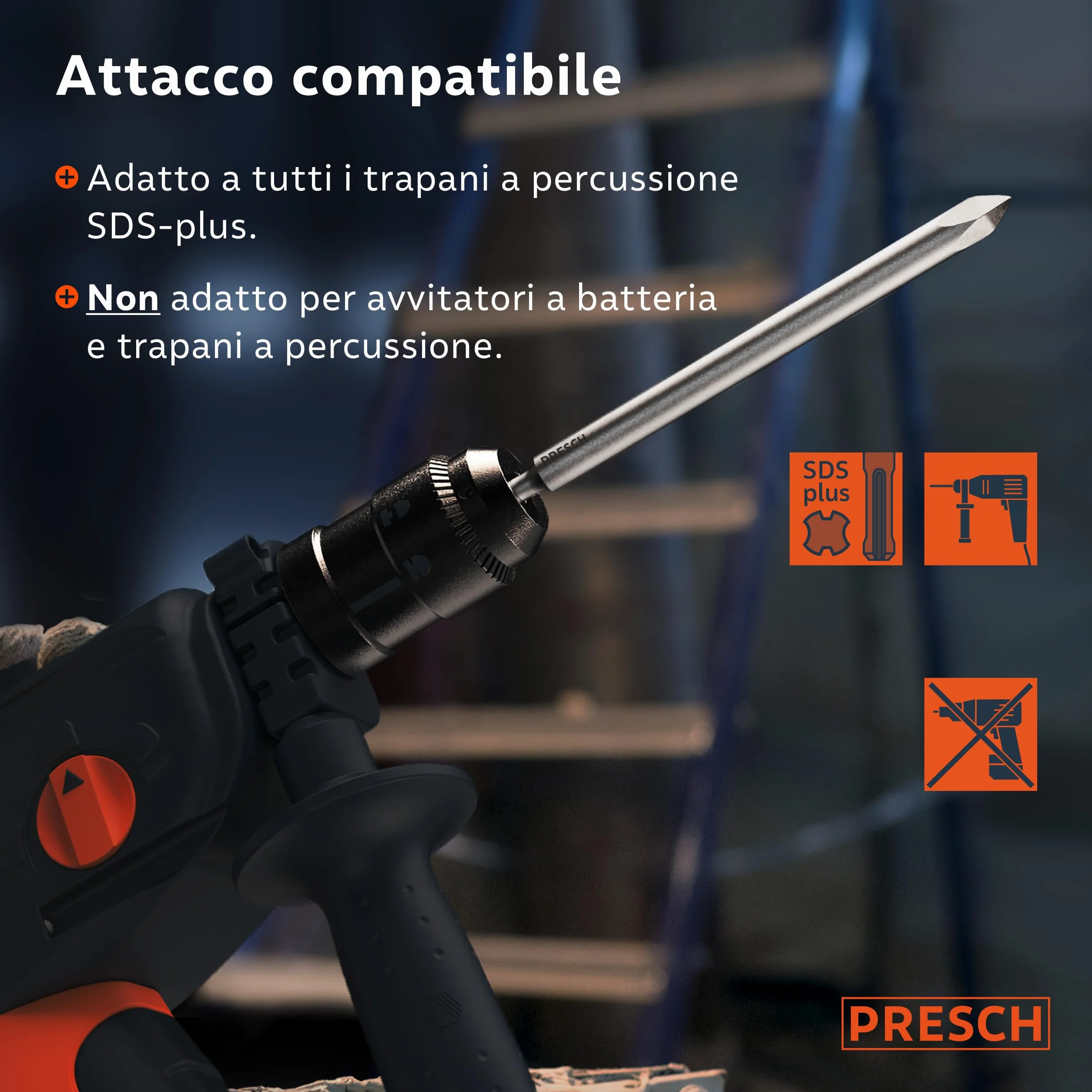 PRESCH SDS plus Juego de Cinceles de 3 pzs. - Juego compuesto por cincel plano, ancho y puntiagudo - Puntas extremadamente robustas y duraderas - (longitud 250 mm) para golpes potentes
