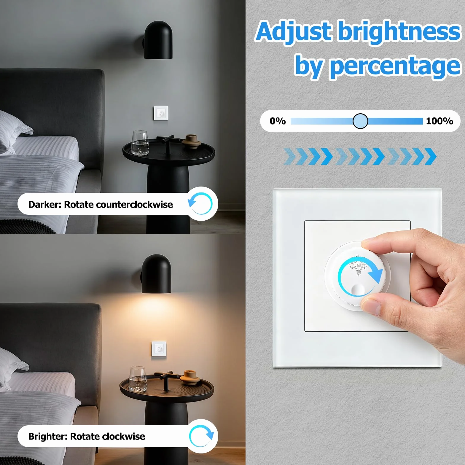 Interruptor Dimmer LED 220v, Regulador de Luz para LED Regulables de 1–60W / Halógenos de 15–300W, Dimmable Switch Protección Segura, Sin Ruido