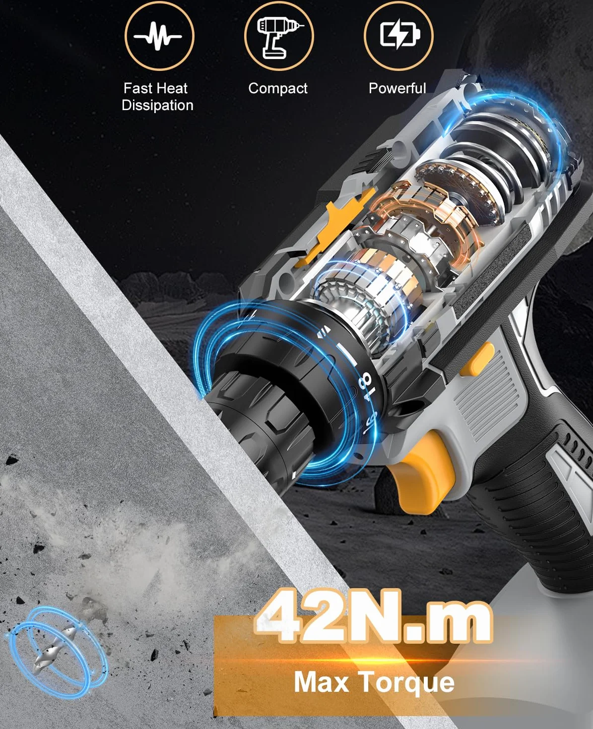 Taladro Atornillador Batería, LEEIKOO Atornillador Electrico 21V, 42N.m con 2 Baterías 2.0Ah, 18+1 Ajuste de Par, 2 Velocidad, LED Luz, 14 Accesorios Para Hogar, Bricolaje, Gris