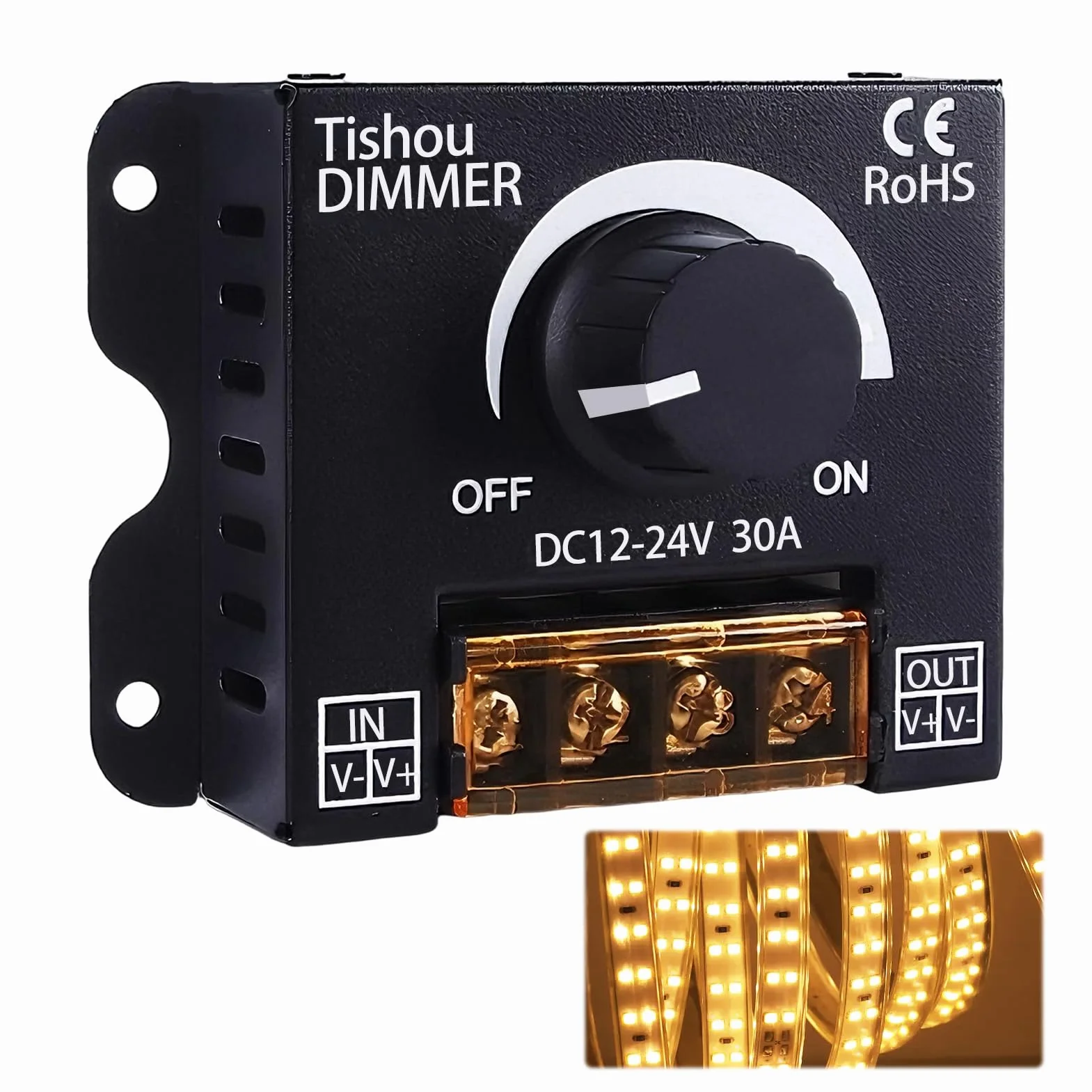 Controlador LED 12V 24V 30A PWM Regulador de Intensidad con Botón On/Off, Dimmer para Tira LED Monocromática 5050 3528, Carcasa de Aluminio Duradera e Instalación Sencilla Compatible con Luces DC
