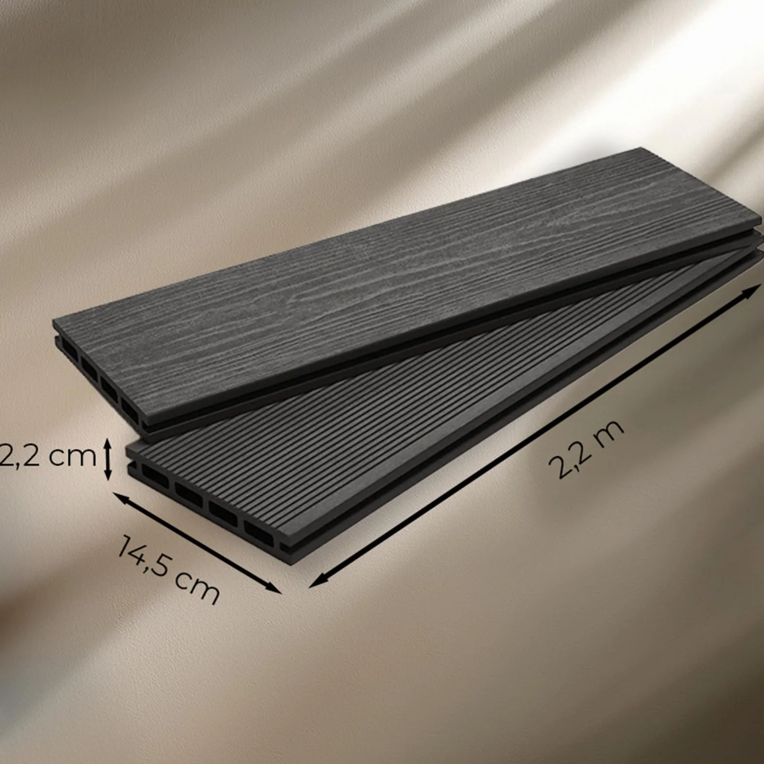 YOEVU | Lama de composite WPC | 2,2m x 14,5cm x 2,2cm, Gris | Resistente a la intemperie, antideslizante, fácil de instalar | Para terrazas y exteriores