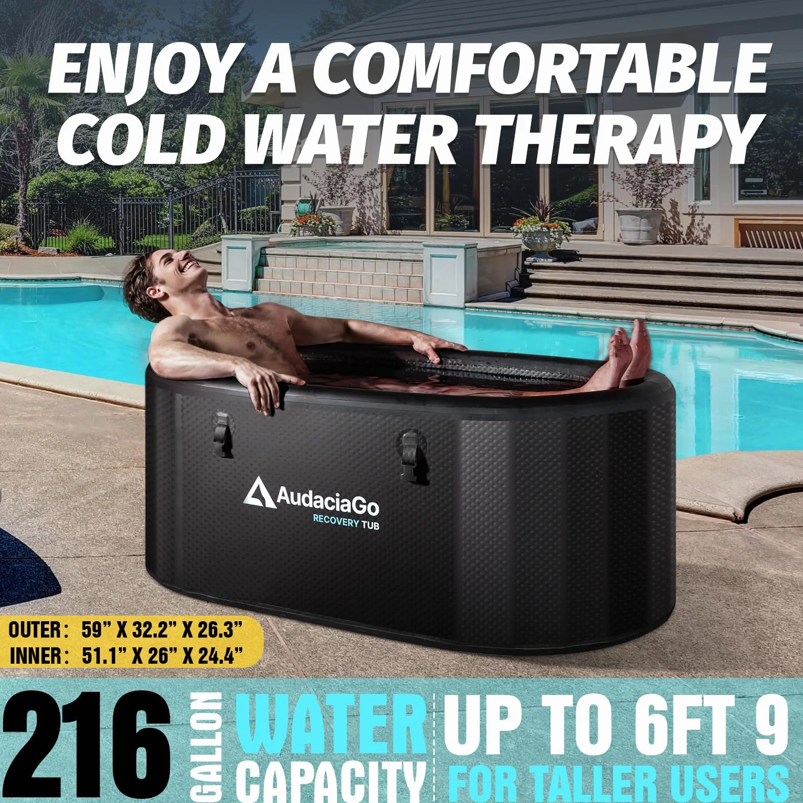Bañera de hielo XXL para atletas, compatible con enfriadores de agua, tina inflable de 216 galones con tapa aislada, termómetro, alfombrilla absorbente de agua, portátil para recuperación en