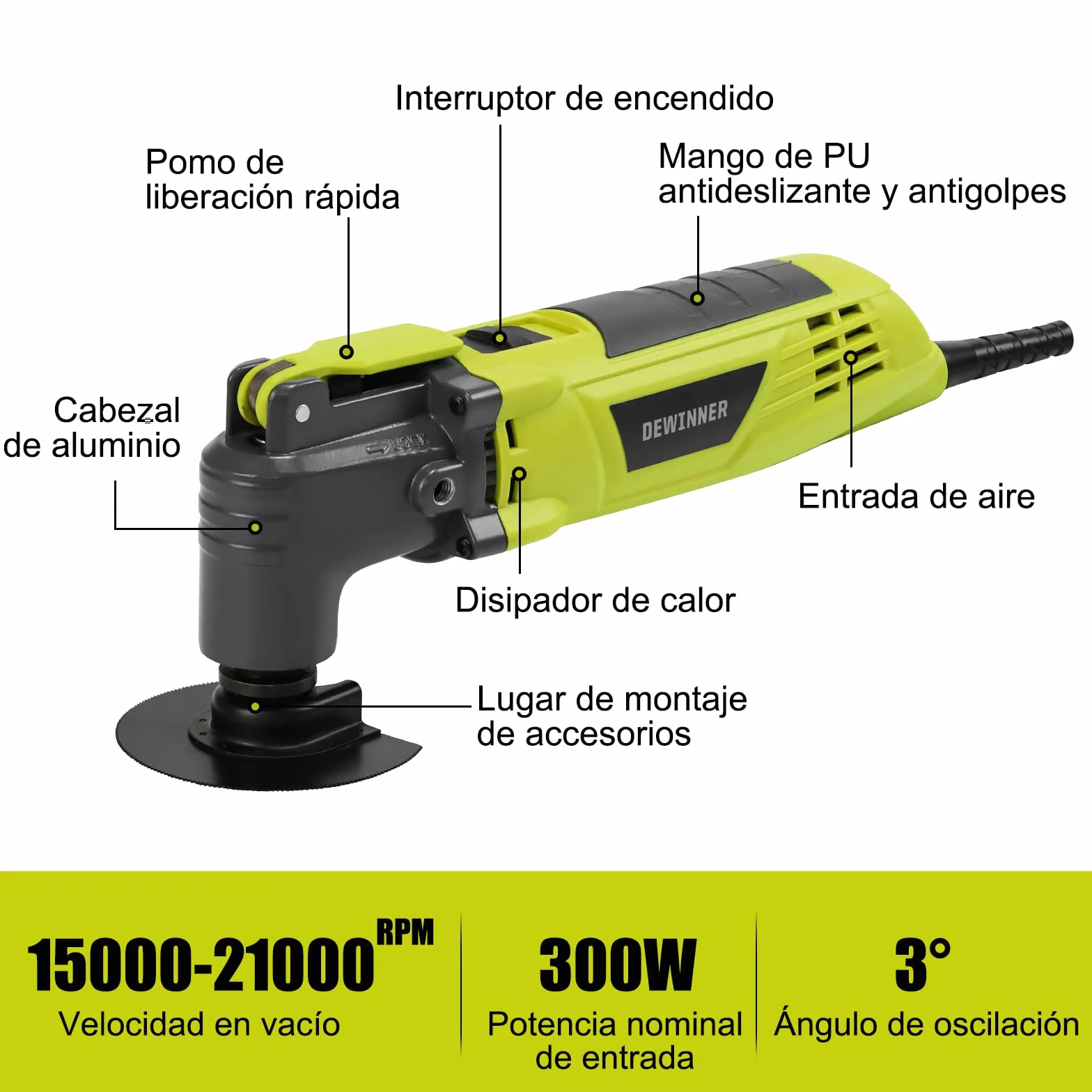 DEWINNER 300W Multiherramienta Oscilante con ángulo de oscilación de 3°, Herramientas Oscilantes con 6 Velocidades, 15000-22000RPM, 28 Accesorios, Herramienta Multifunción para Cortar, Lijar, Raspar