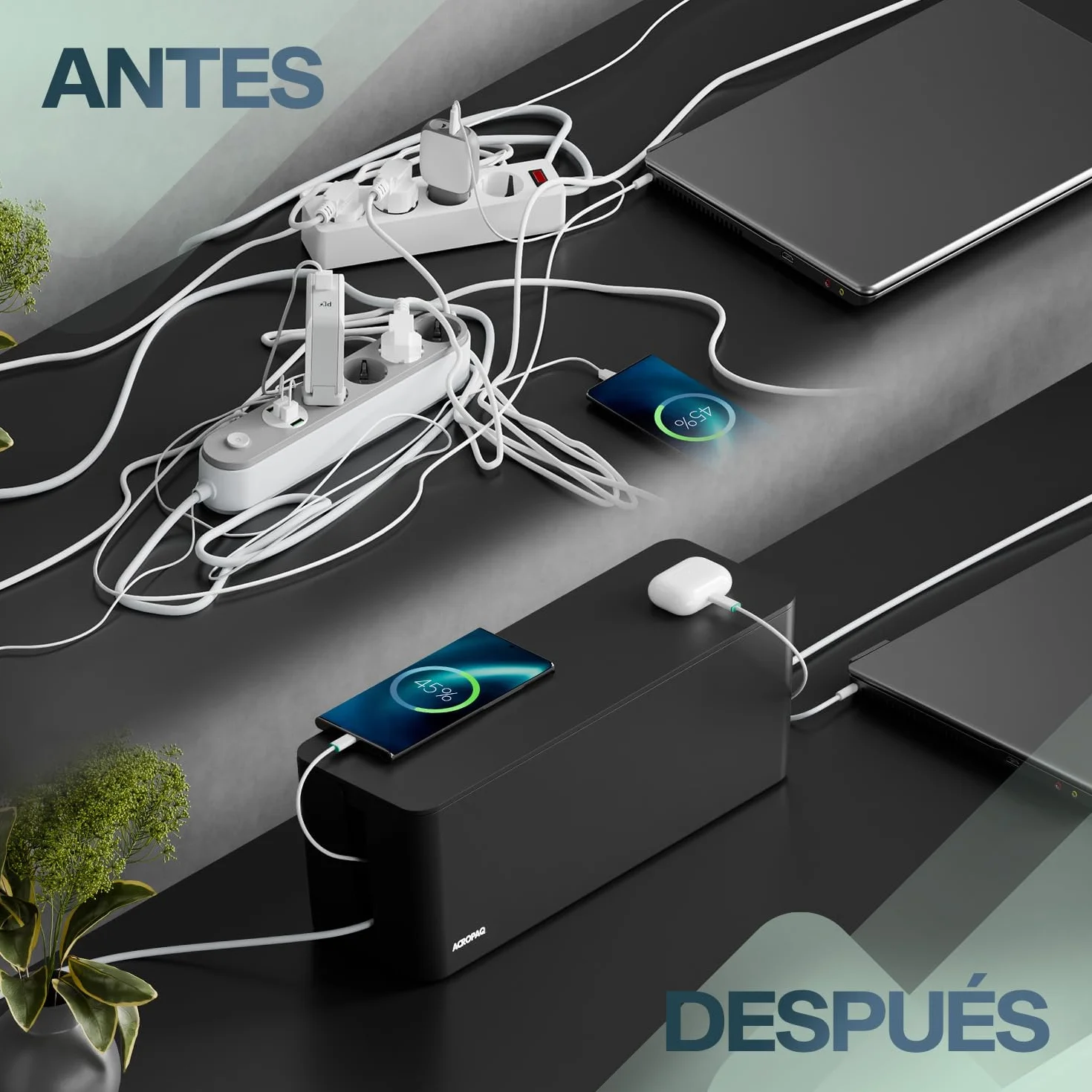ACROPAQ Caja Porta Cables - Grande (40,6 x 15,6 x 13,4 cm), Caja para la gestión de Cables para esconder Cables y enchufes, Plástico, Negro - Caja Cables, Organizador de Cables