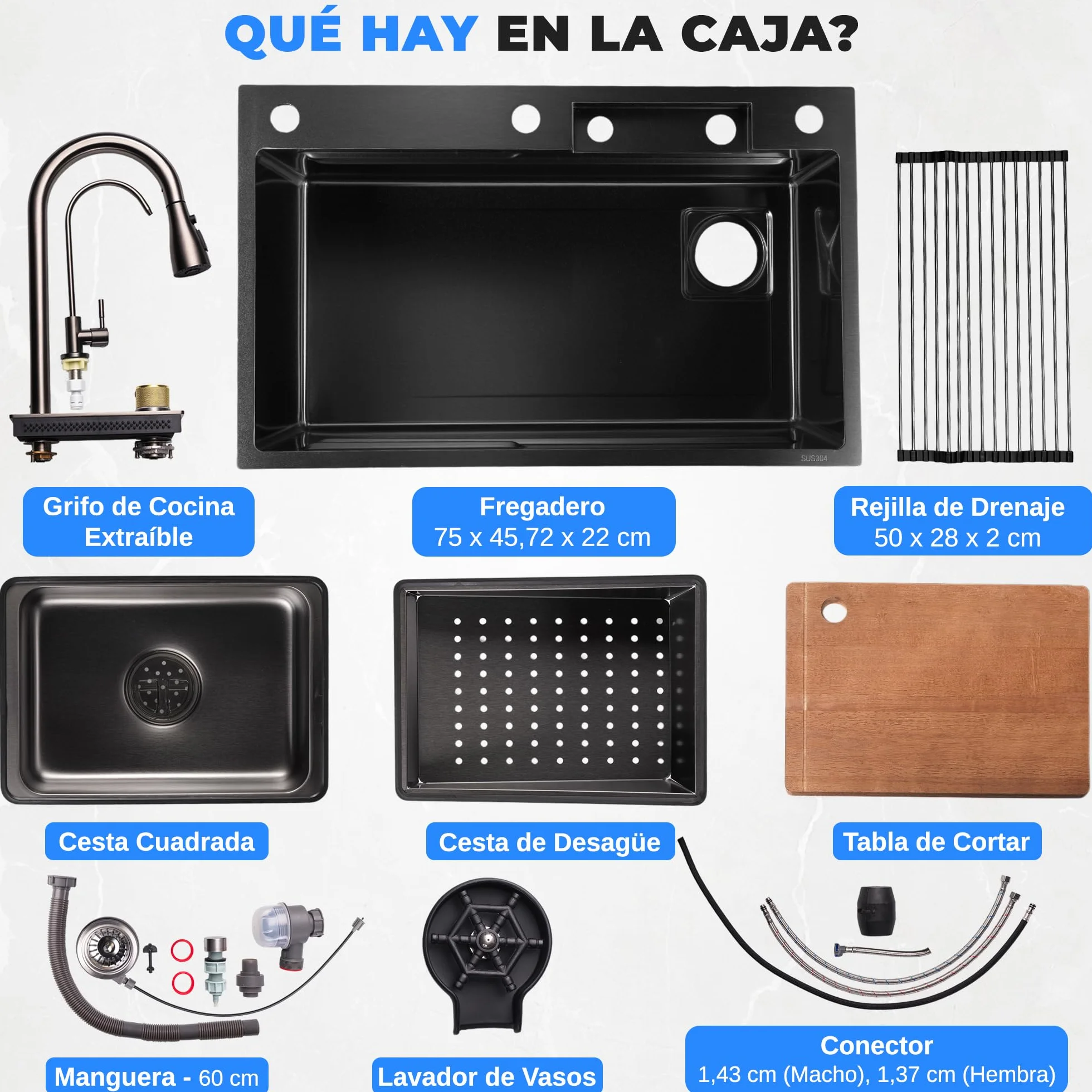 Serenelife fregadero cocina, Con grifo, Rejilla de drenaje, Canasta coladora, Tavla de cortar, Lavavasos, Acero inoxidable, Instalacion bajo o sobre encimera
