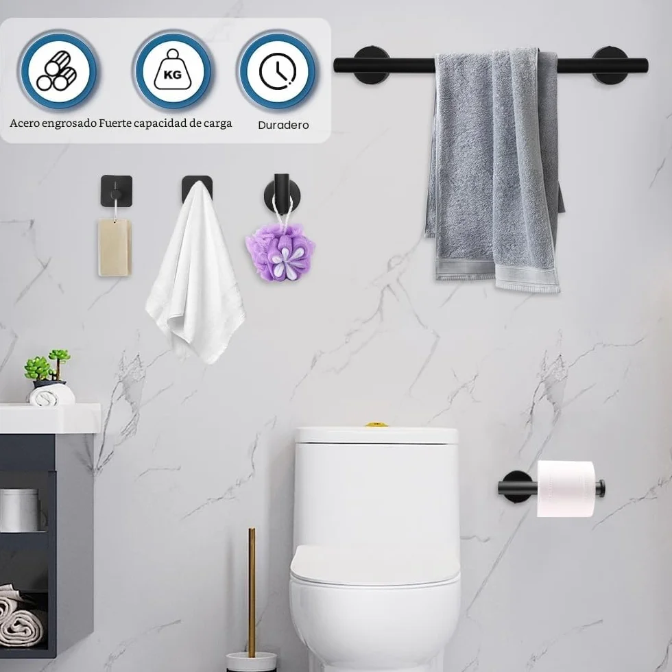 Toallero de Baño, Accesorios baño,Que Incluye 1 toallero, 1 portarrollos y 3 Ganchos. El Conjunto Completo Ofrece soluciones prácticas para el baño (Negro)