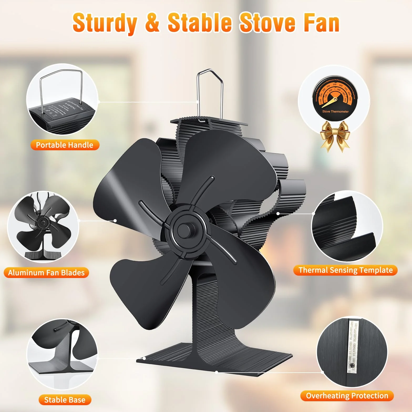 Ventilador-de-Chimenea-Ventilador-de-estufa,Silencioso Alimentado Ventiladores chimeneas,Energía Térmica,Distribución Eficiente del Calor,para Estufa de Leña,Estufas de Pellets (4 hojas)