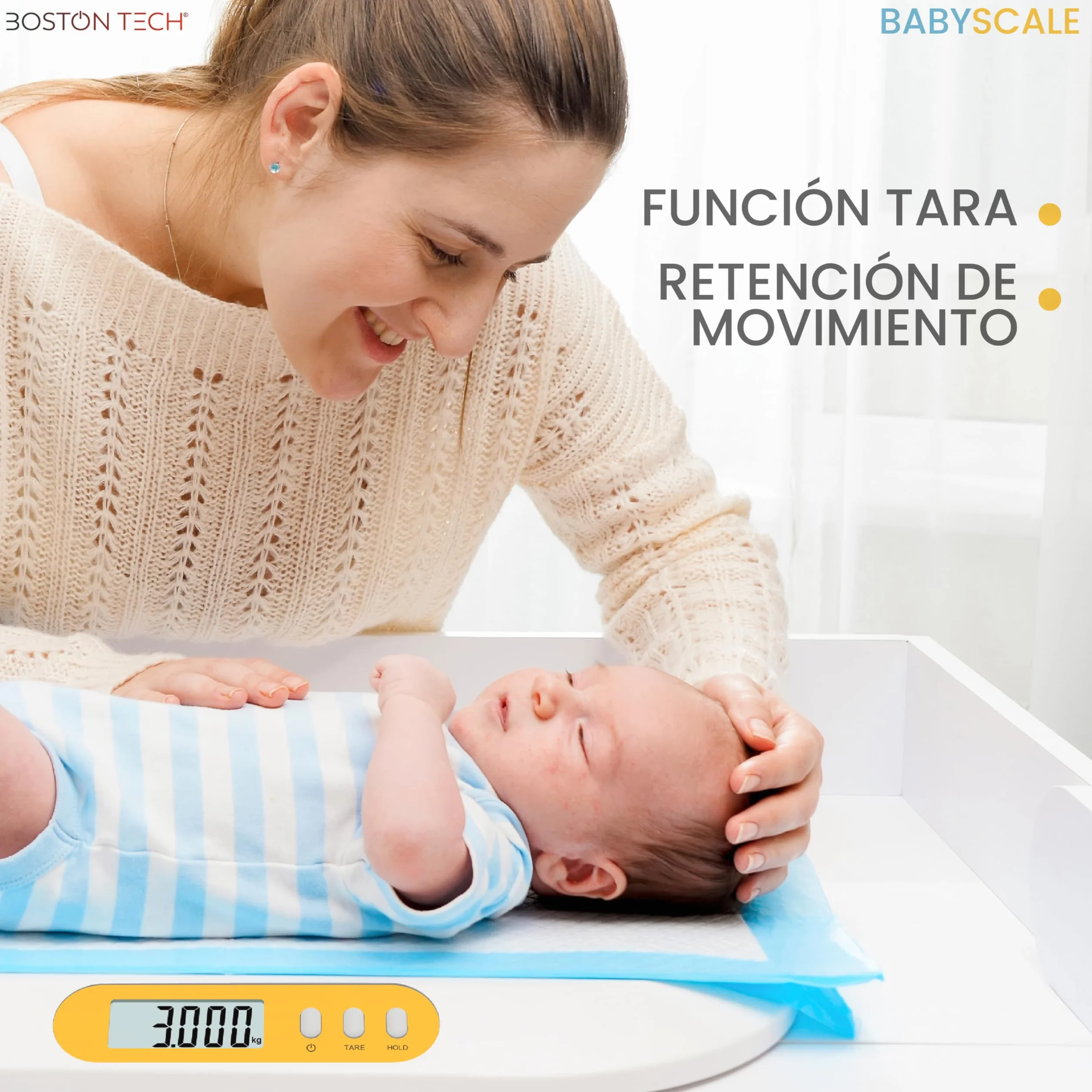 Boston Tech Báscula digital para bebé con tallímetro integrado, función Tara y Hold, pantalla LCD retroiluminada, 20 kg