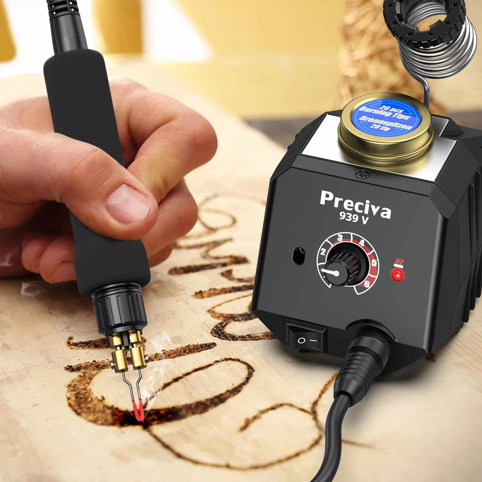 Preciva Kit de Pirograbado de Madera 30W con Temperatura Ajustable 250°C-750°C y 20 Puntas de Alambre - Máquina de Pirograbado Profesional para Madera, Cuero y Más