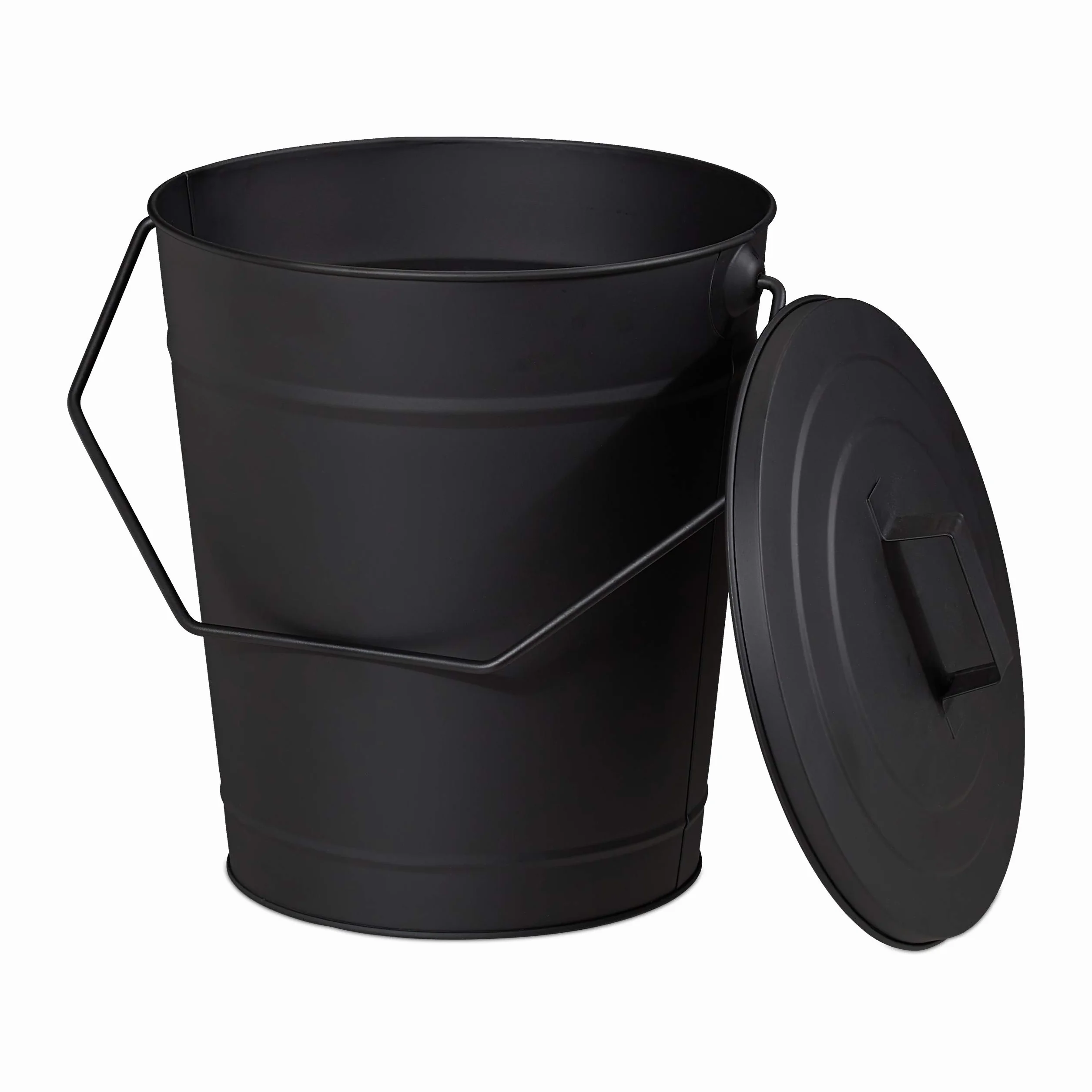 Relaxdays Cubo Cenizas con Tapa, 12 litros, Accesorio Chimenea, Estufa, BBQ, con Asa, para Carbón y Ceniza, Acero, Negro