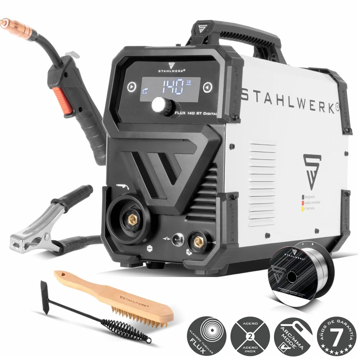 STAHLWERK Soldadora FLUX 140 ST Digital – Soldadura con hilo hueco sin gas protector hasta 140 A, compacta, avance de hilo sinérgico, luz LED integrada, función Lift-TIG & MMA (Electrodo/ARC), IGBT