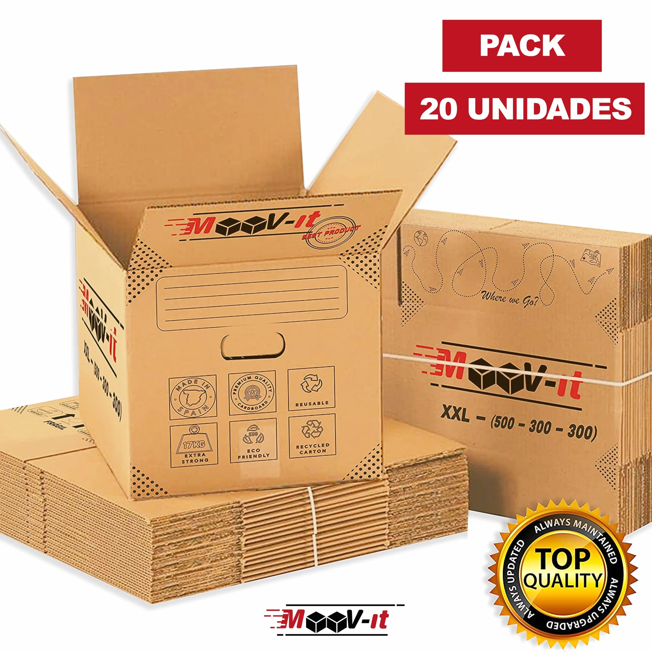 Pack de 20 cajas de cartón para mudanza,50x30x30cm, Cartón reforzado y resistente. Cajas de embalaje para envíos con asas.Para almacenaje y Embalaje.Reutilizables. (20Ud. (50x30x30cm))