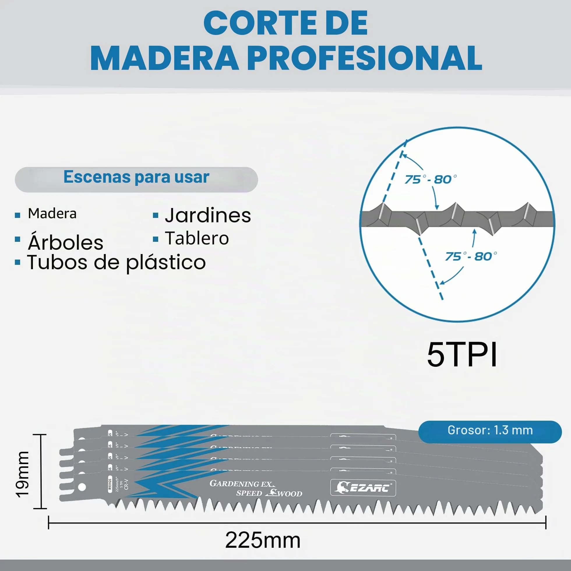 EZARC Hojas de sierra de sable 225 mm 5TPI 5 piezas para madera cortes rápidos