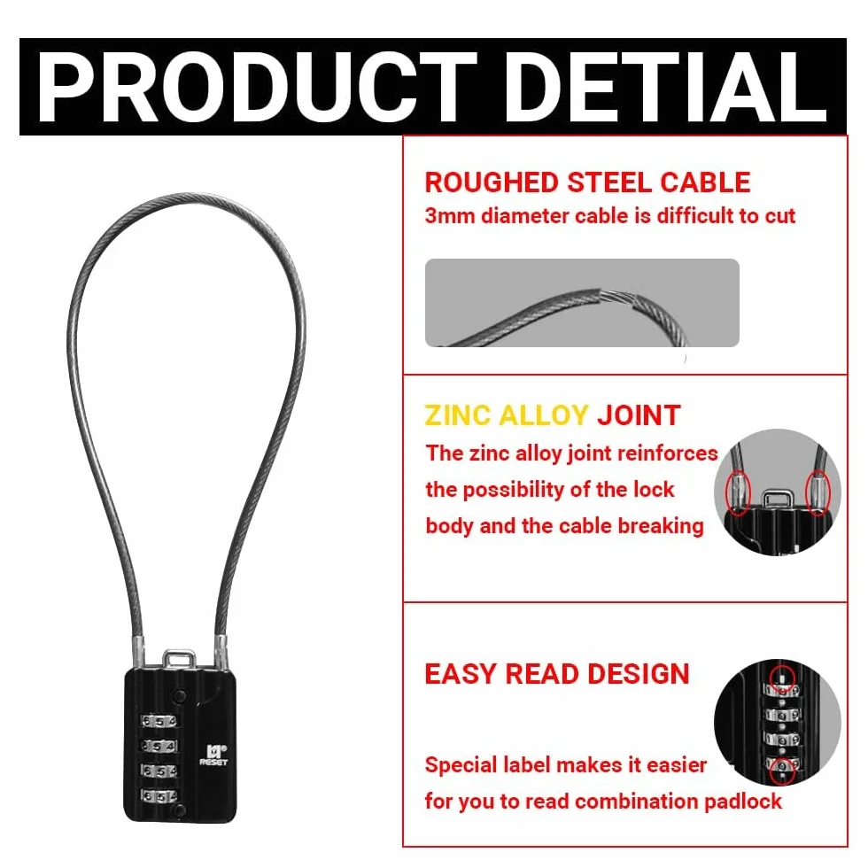 RESET-200 Candado de Combinación de 4 Dígitos con Cable de Acero de 30 cm, Candado de Alta Seguridad para Equipaje, Maleta, Estuche de Armas, Caja de Herramientas, Casco, Negro, Paquete de 2