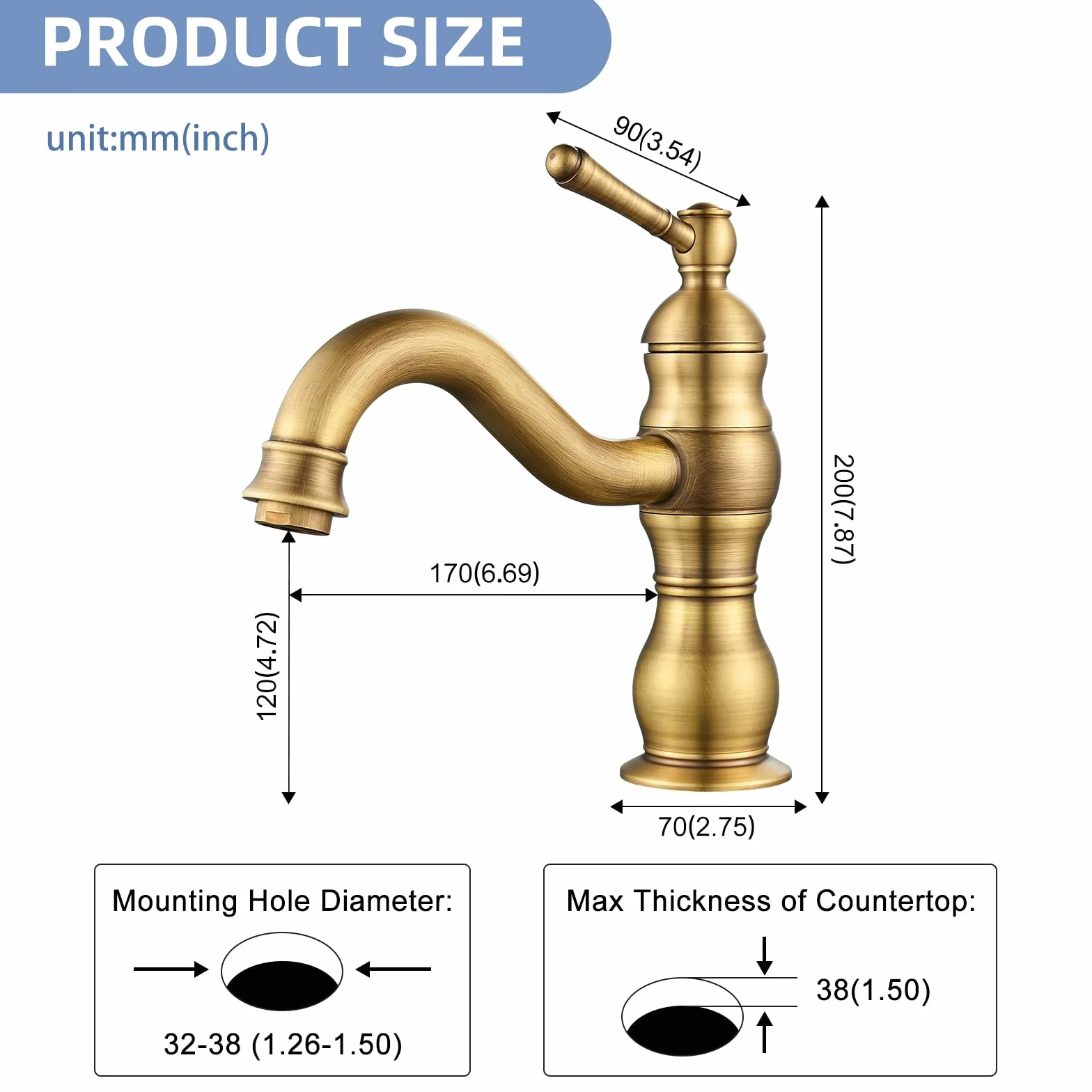 kisimixer Grifo Lavabo Vintage, Puede Girar 360 ° Grifo Monomando Lavabo, Grifo Baño Lavabo de Latón, Solo Agujero Grifo de Lavabo Baño Antiguo con Aireador, Acabado Dorado Estéril