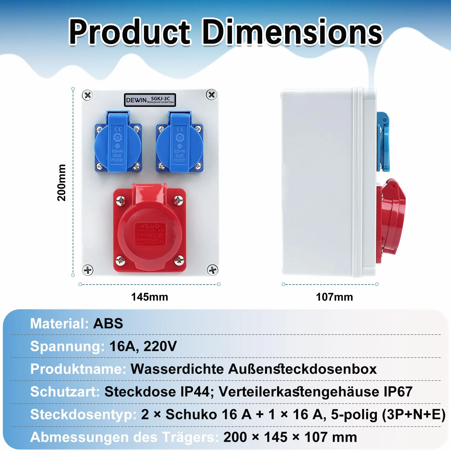 Distribuidor de Corriente de Pared, Enchufe Exterior Estanco 2x 220V Enchufes Schuko 16A+Enchufes CEE 16A 5P (3P+N+E) Caja Cuadro Electrico IP66 Impermeable para Construcción, Interiores y Exteriores