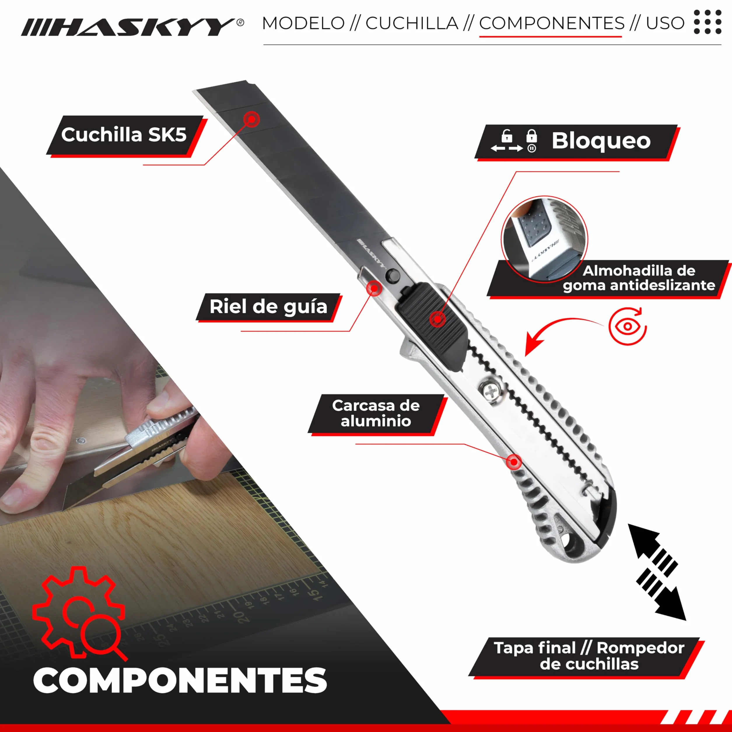 HASKYY Pack 2 Cúteres Profesionales 18mm + 5 Hojas SK5 Premium - Navajas de Seguridad con Auto-Lock