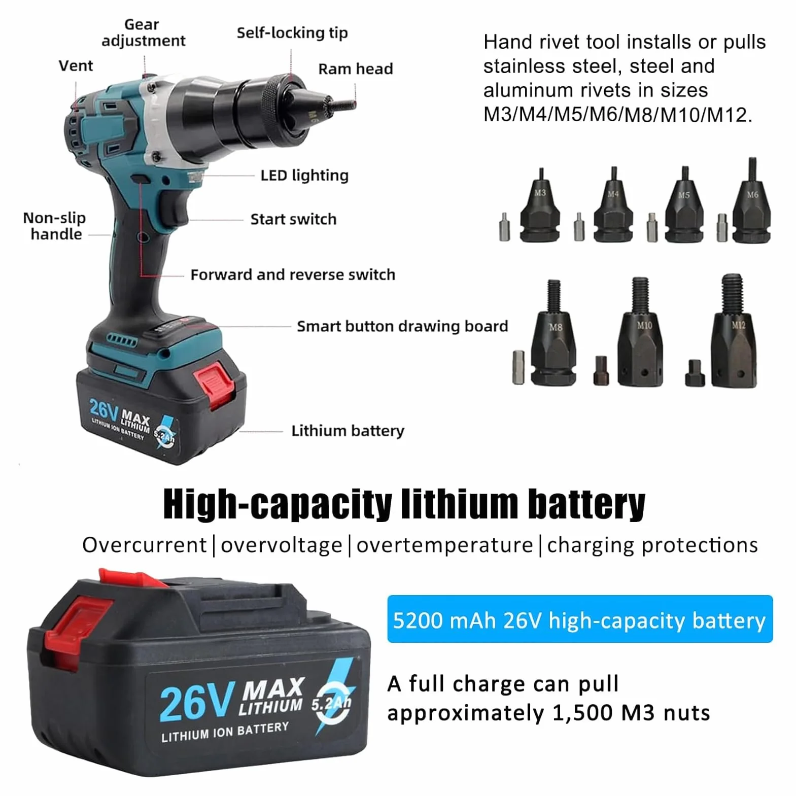 Remachadora de Tuercas a Batería y Eléctrica Portátil - Juego Profesional con Cargador para Tuercas Remachables M3, M4, M5, M6, M8, M10, M12 en Acero (5200mAh, 2 Batería)