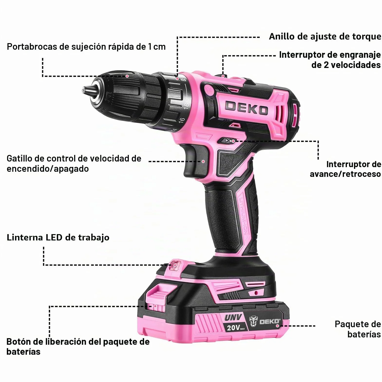 Taladro Inalámbrico, DEKOPRO 20V Taladro Atornillador Bateria con 1 Baterías y Cargador, 40 Nm, 2 Velocidad y LED, Adecuado para Bricolaje en Casa y Jardín,Rosa